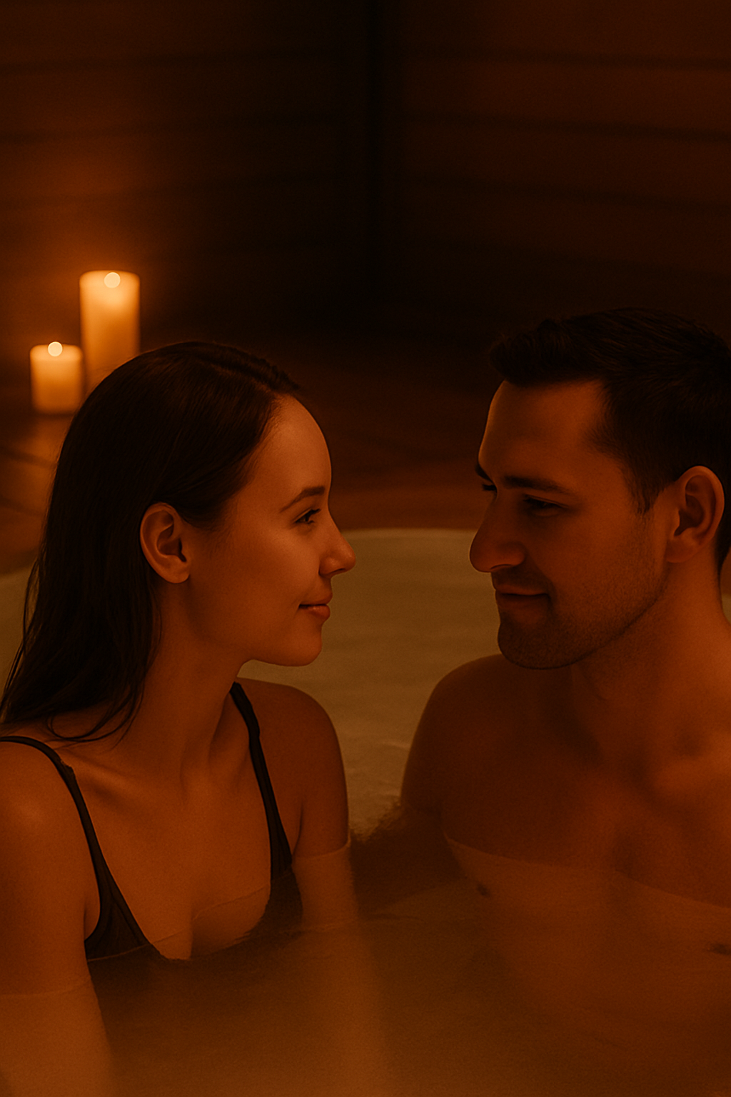 A couple sitting close in a warm-lit room with candles in the background, looking at each other.