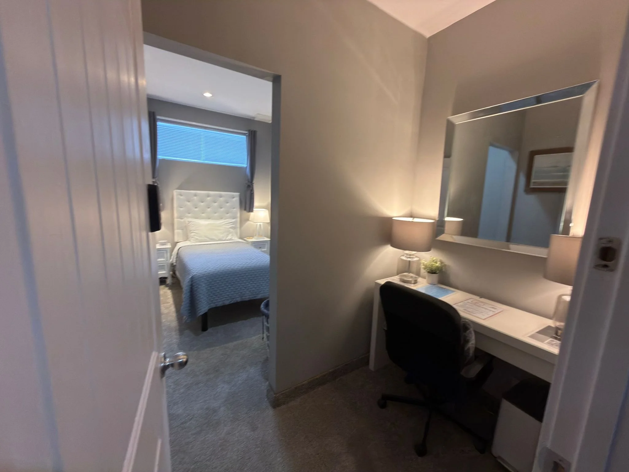 Private room with access to Shared 3 piece washroom and private work area.