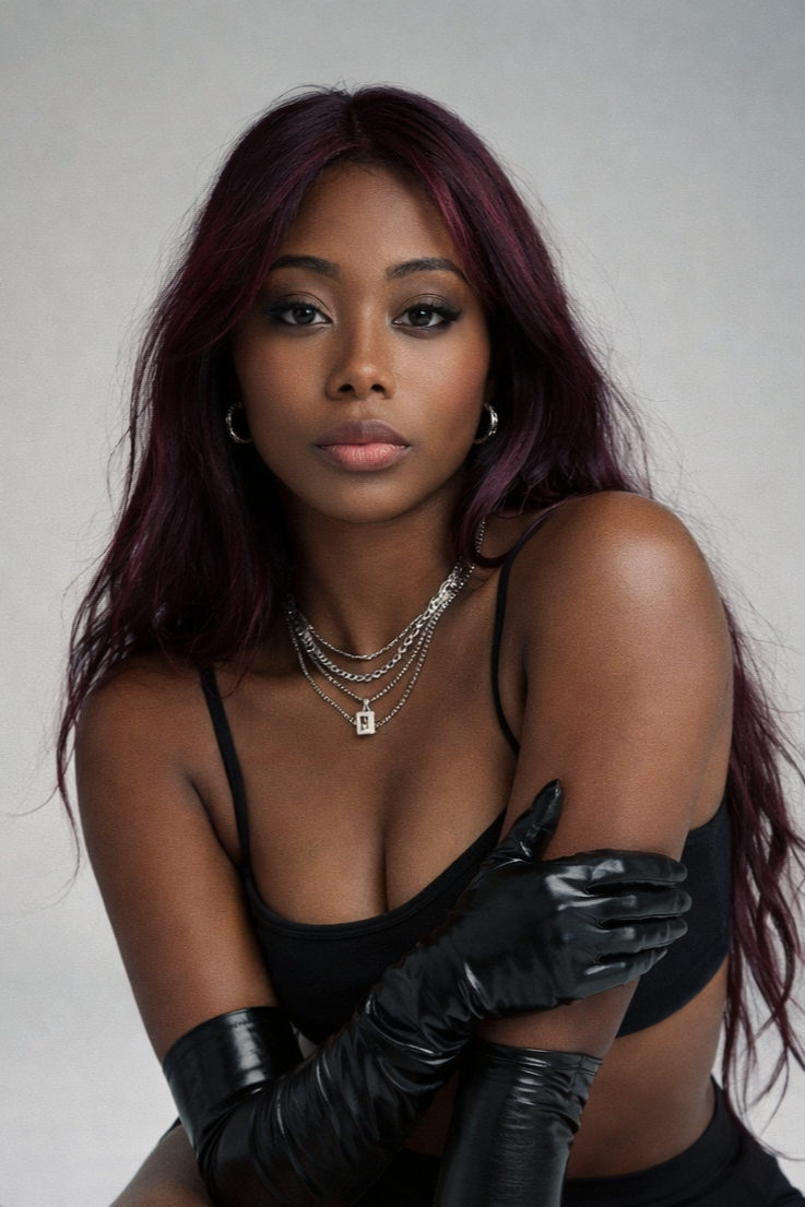 A young woman with long, wavy, purple hair, wearing a black spaghetti strap top, layered silver necklaces, hoop earrings, and black gloves, posed against a neutral background.