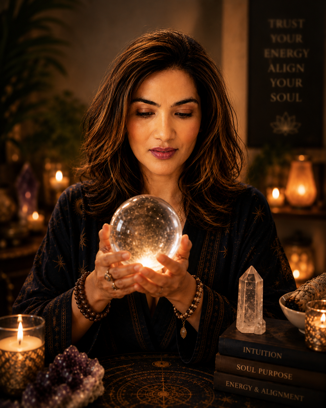 A woman with dark hair and jewelry gazes at a glowing crystal ball in a dimly lit room decorated with candles, candles, crystals, and a sign that reads 'Trust your energy, align your soul.'