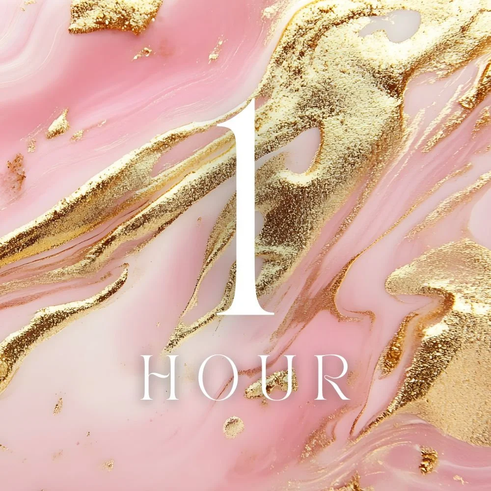 Pink and gold marble-style background with the text '1 HOUR' in the center.