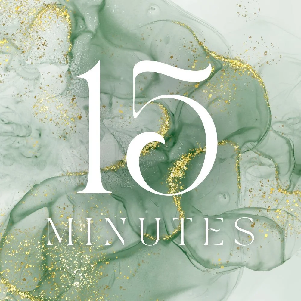 Green and gold abstract watercolor background with white text displaying "15 MINUTES".