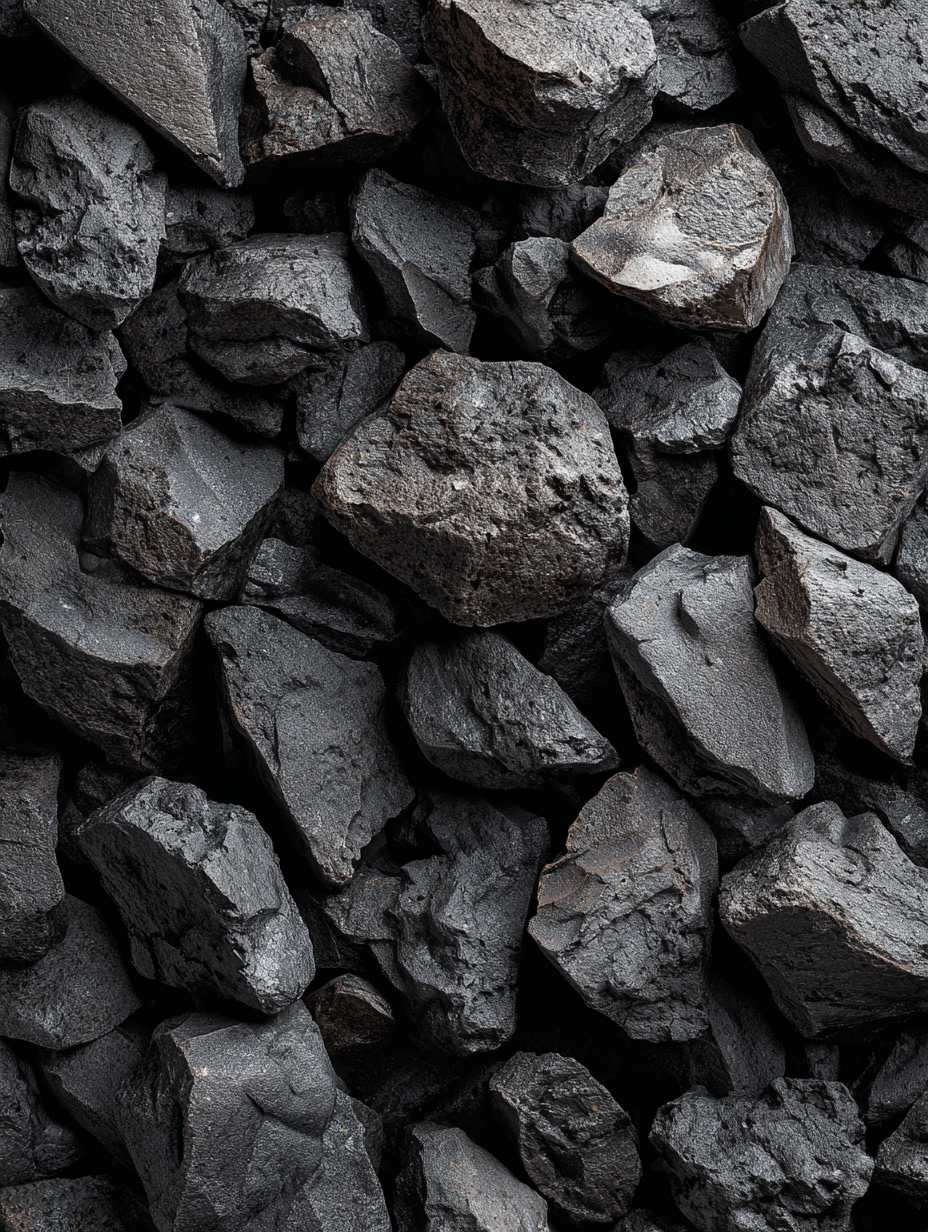 Close-up of black coal rocks with rough texture and irregular shapes.