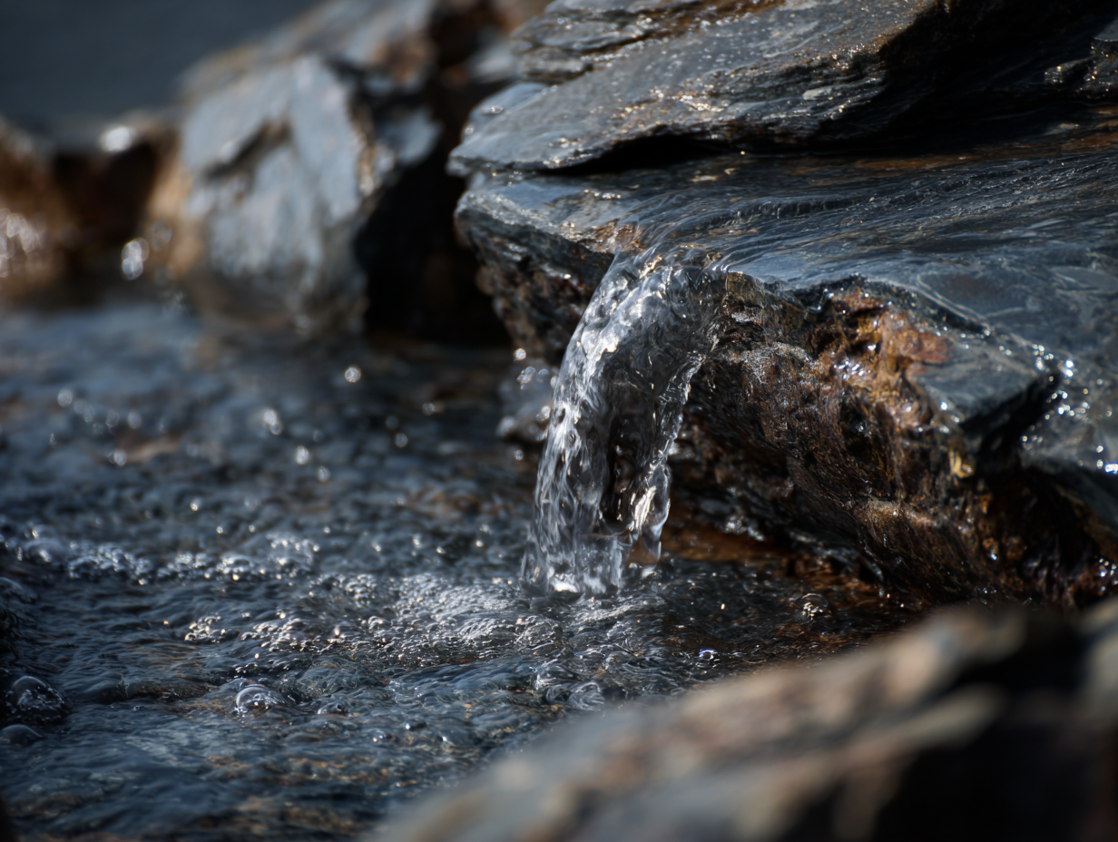 Close-up of water flowing over dark rocks in a small stream.