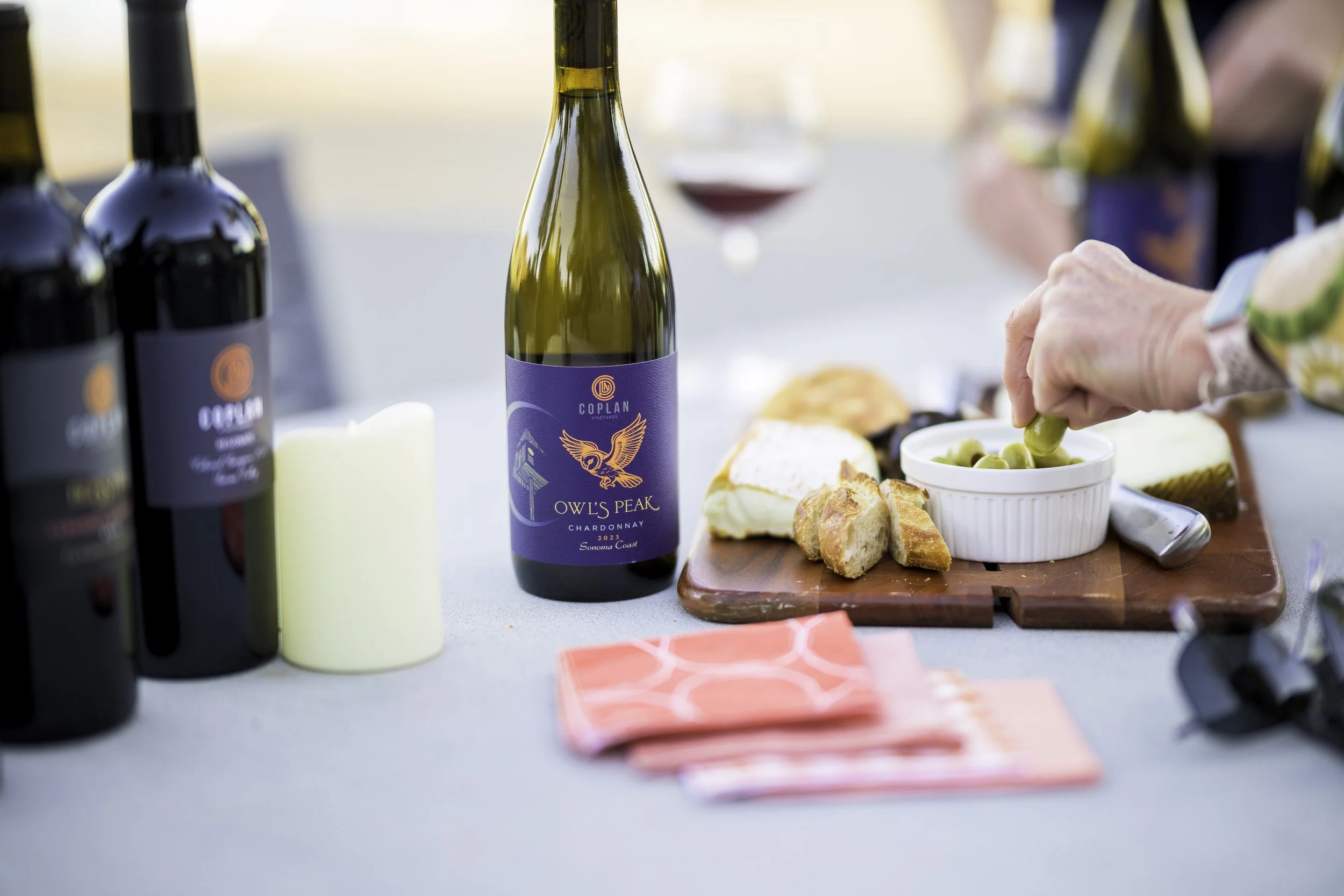 People enjoying a cheese & charcuterie board and drinking Copland Wine