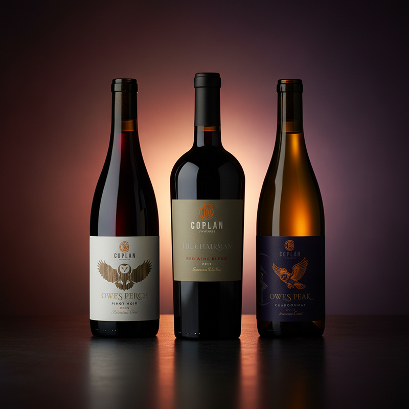 Three bottles of wine from Coplan Winery, including a Pinot Noir, a Red Wine Blend, and a Chardonnay, displayed against a dark gradient background.