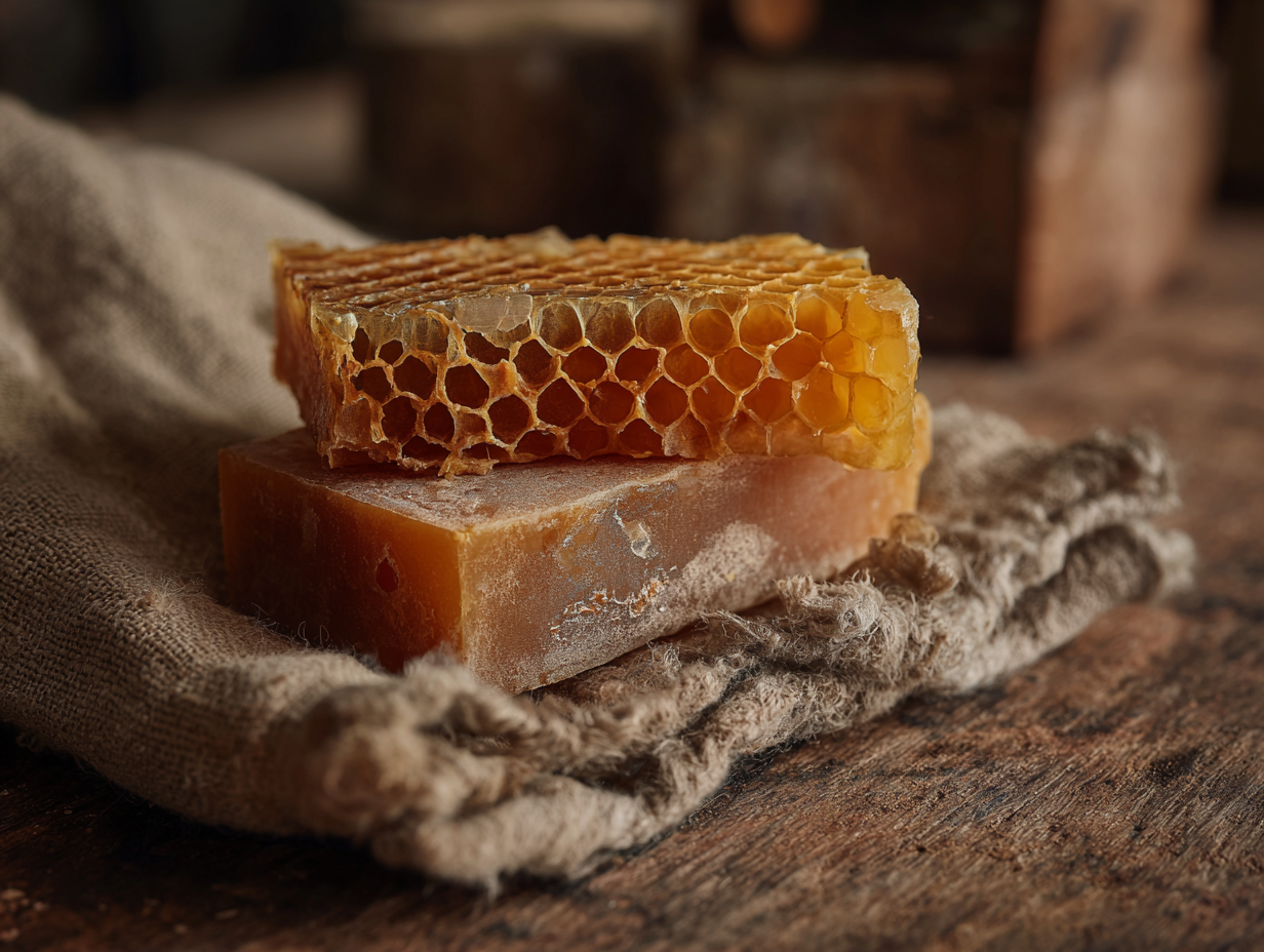 Close-up of honeycomb and beeswax blocks on a rustic wooden surface with a cloth underneath.