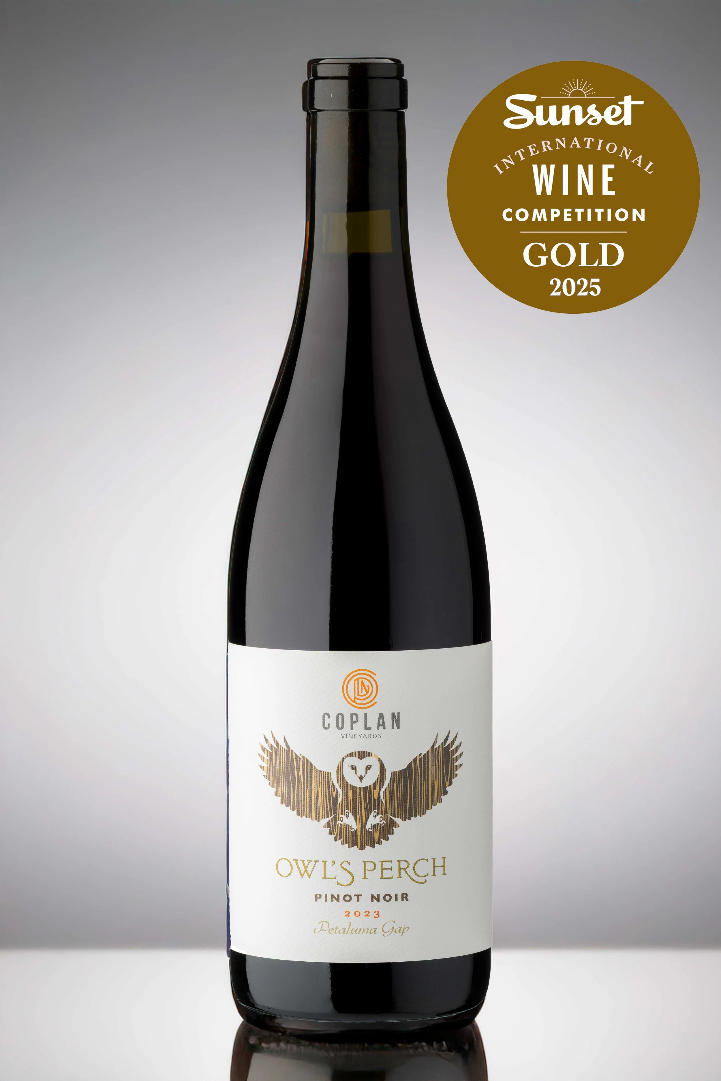 Bottle of Copeland Vineyards 2023 Owl’s Perch Pinot Noir from the Petaluma Gap, a gold medal–winning wine known for slow-ripened flavor, cool-climate elegance, and full phenolic maturity.