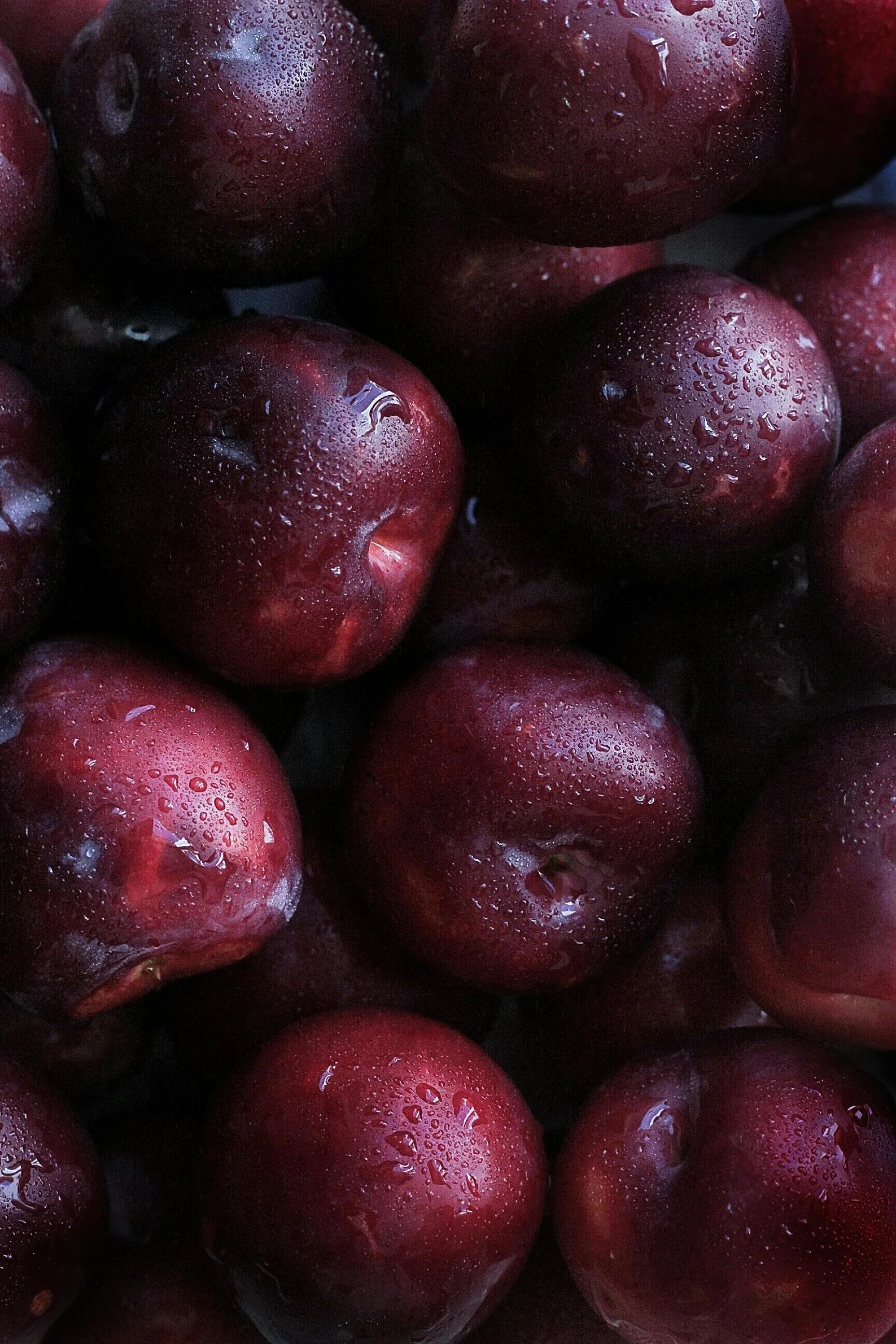Close-up view of several red apples with water droplets on their surface.