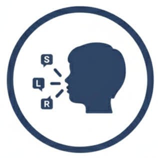 Silhouette of a person's head with sound waves and the letters S, L, R indicating ear and hearing.