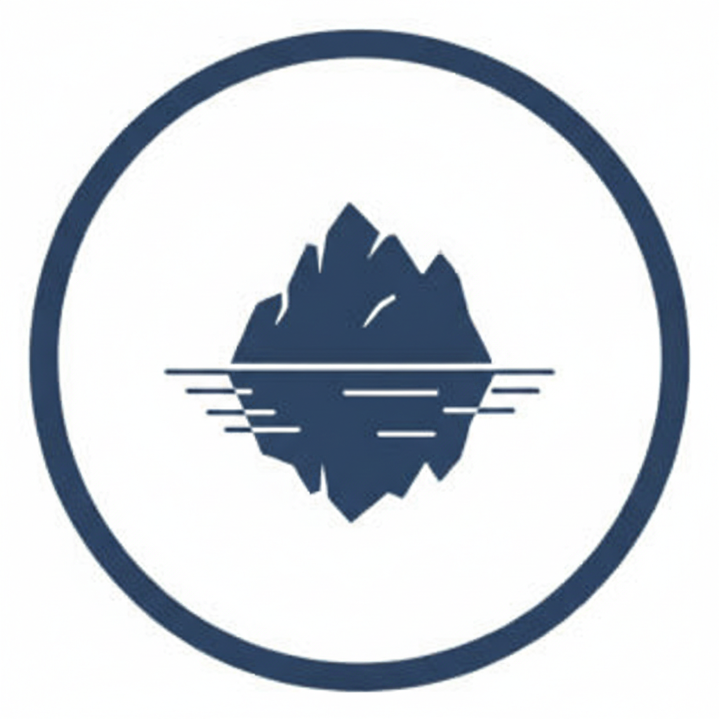 A circular logo featuring a mountain and its reflection on water.