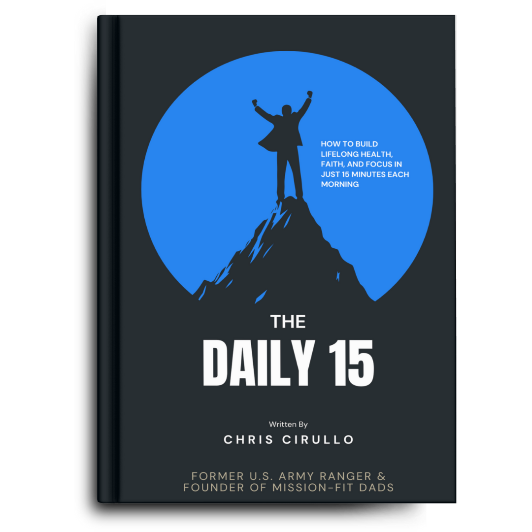 Book cover titled 'The Daily 15' with a silhouette of a person standing on top of a mountain with arms raised, inside a blue circle.