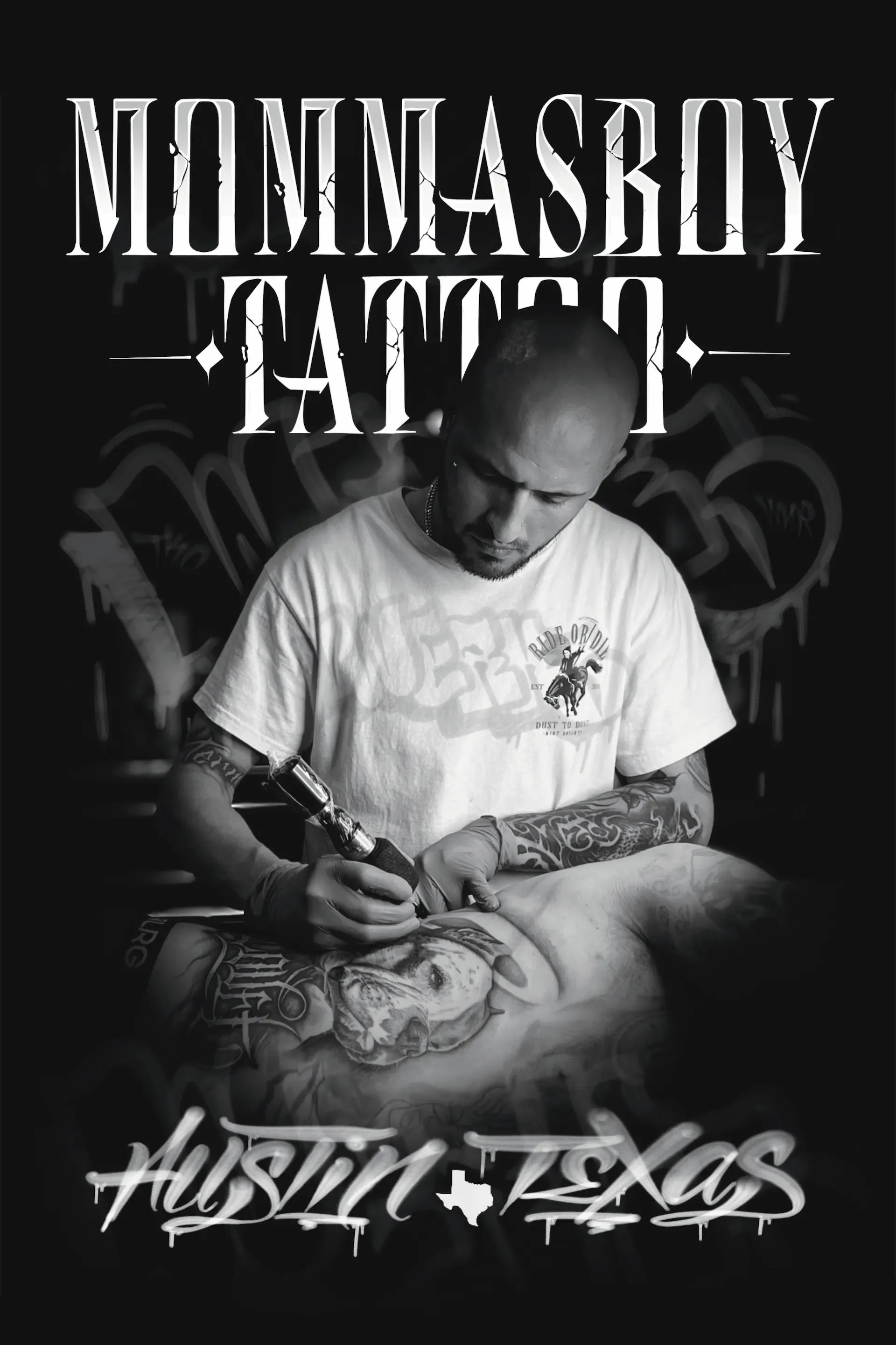 Austin tattoo artist Mommasboy Tattoo tattooing large portrait tattoo on client's chest
