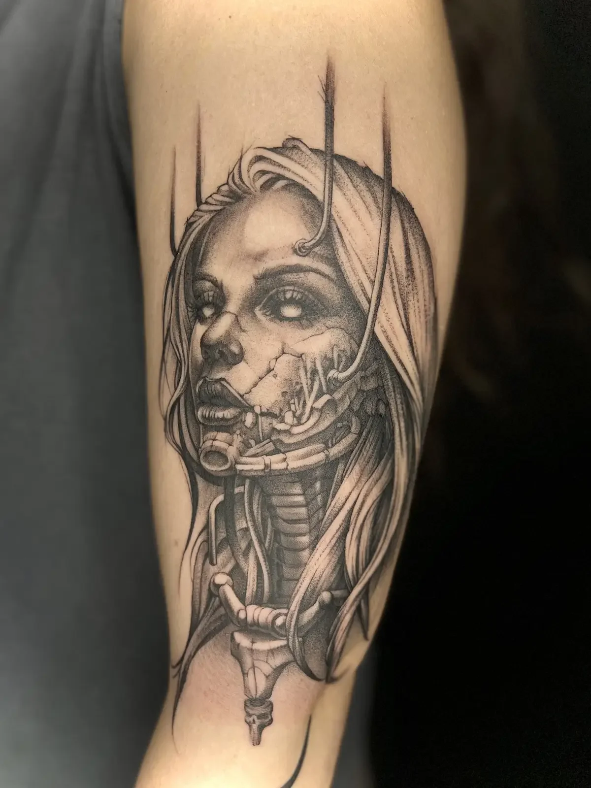 Black and grey realism cyberpunk womens portrait tattoo by Johny Vasquez — Mommasboy Tattoo Austin TX"