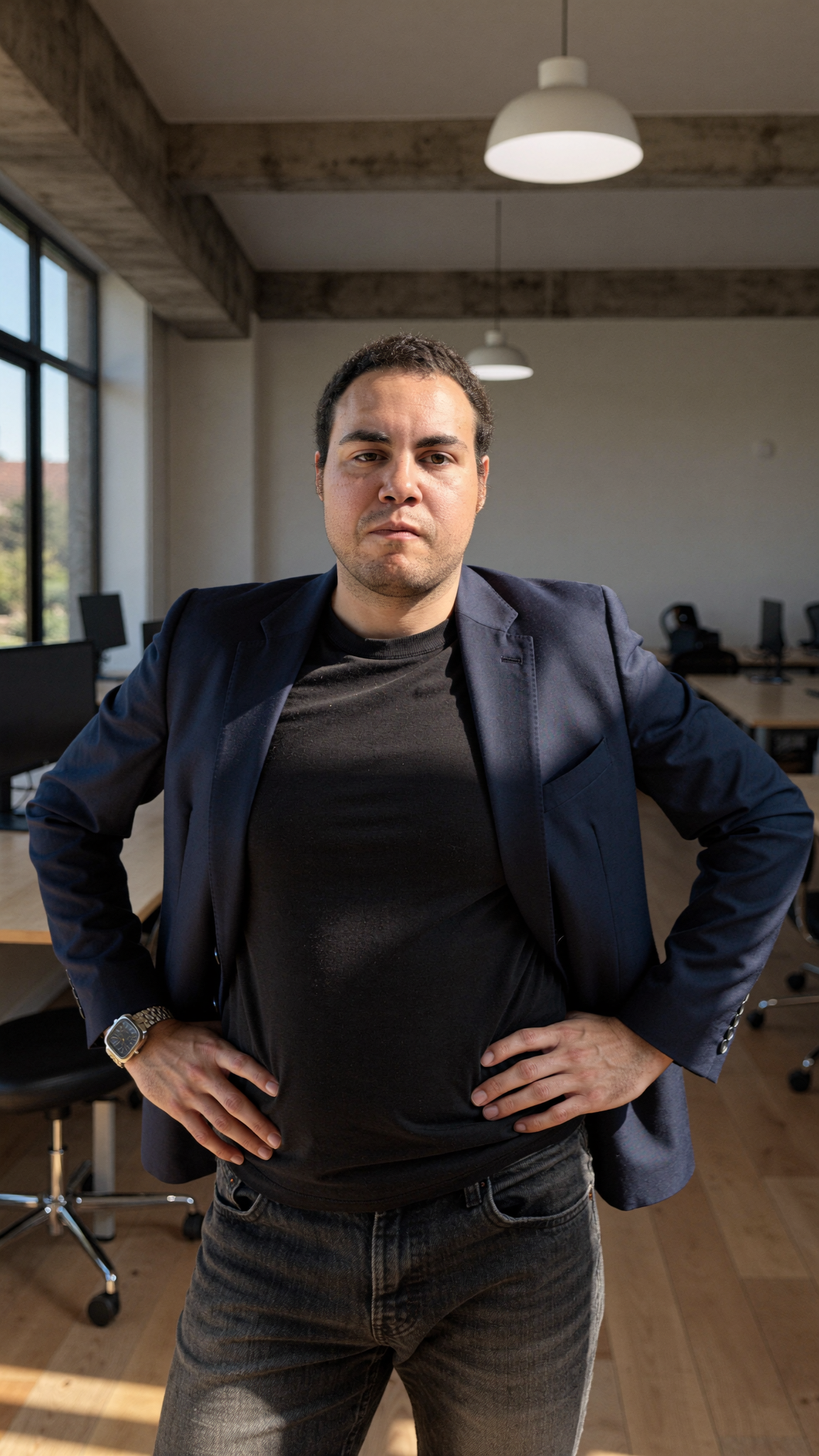 A man stands with hands on hips in an office with large windows, wooden beams, and modern furniture.