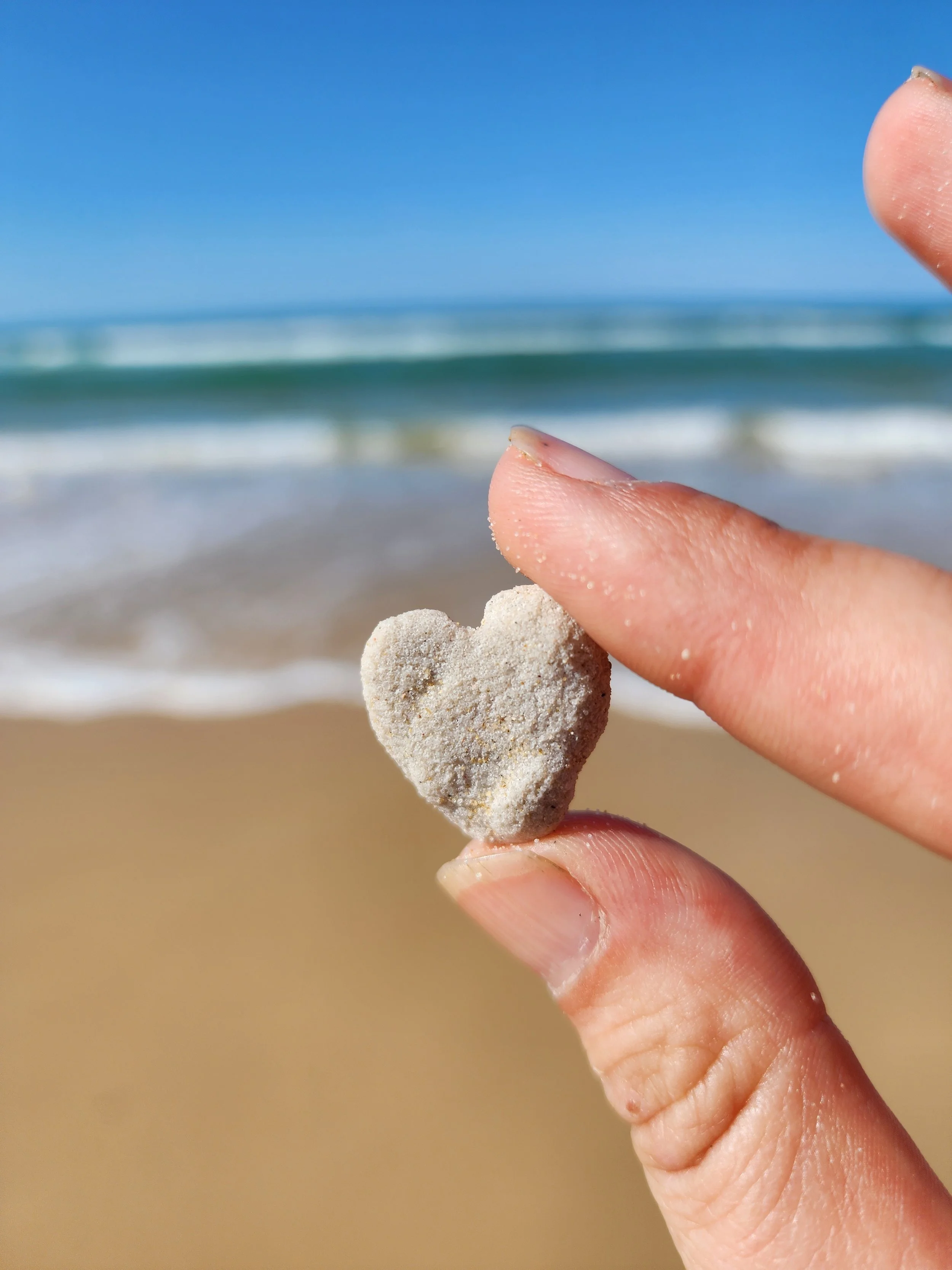 Close-up of a person's fingers holding a small, heart-shaped, sandy-colored object, with a beach and ocean in the background.