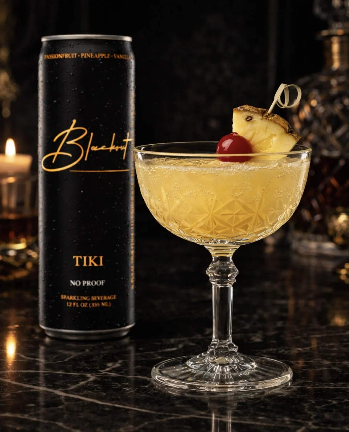 A tropical cocktail in a decorative glass garnished with a cherry and pineapple slice, with a can of Tiki sparkling beverage labeled 'Blackout' in the background.