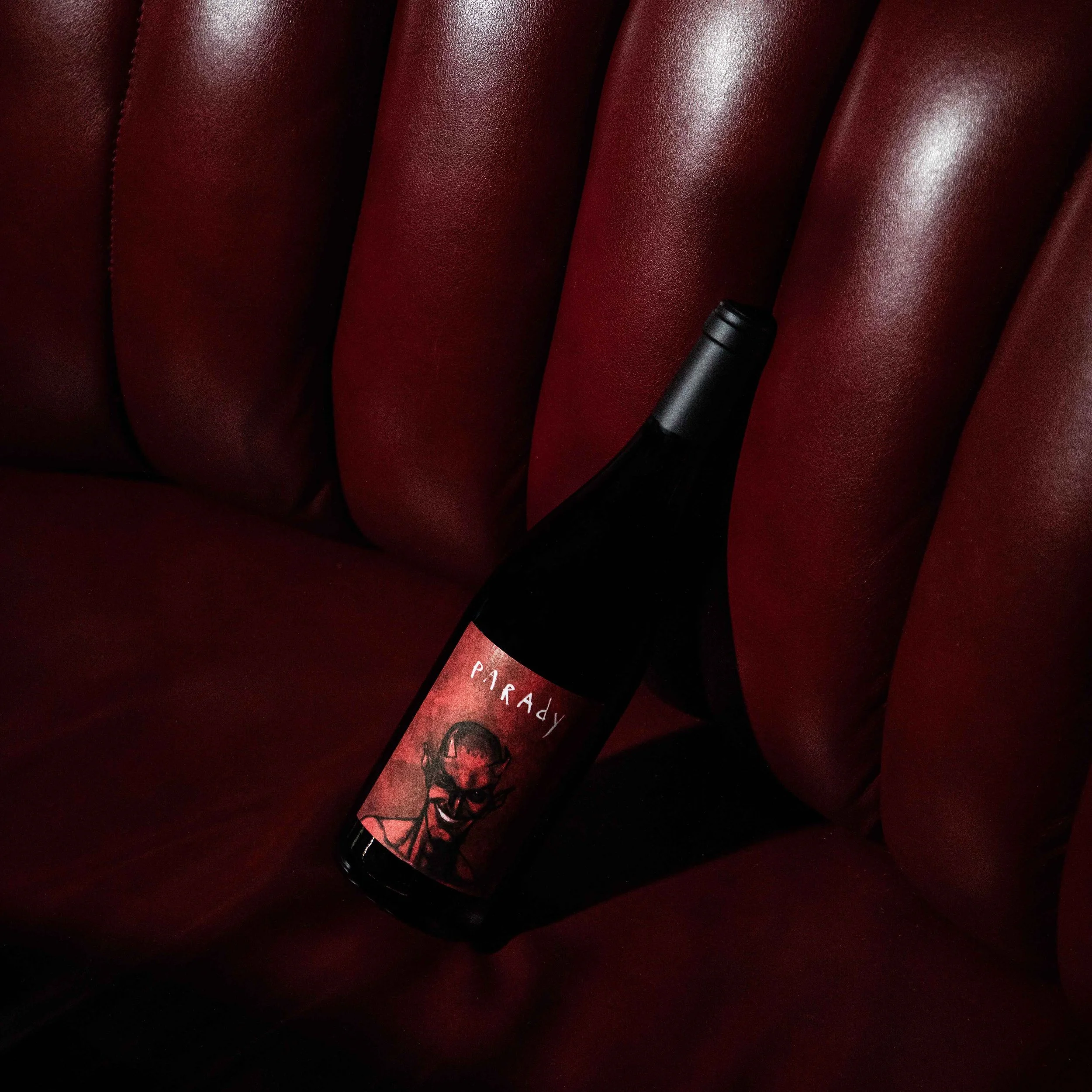 A bottle of red wine leaning against a red leather cushioned surface.
