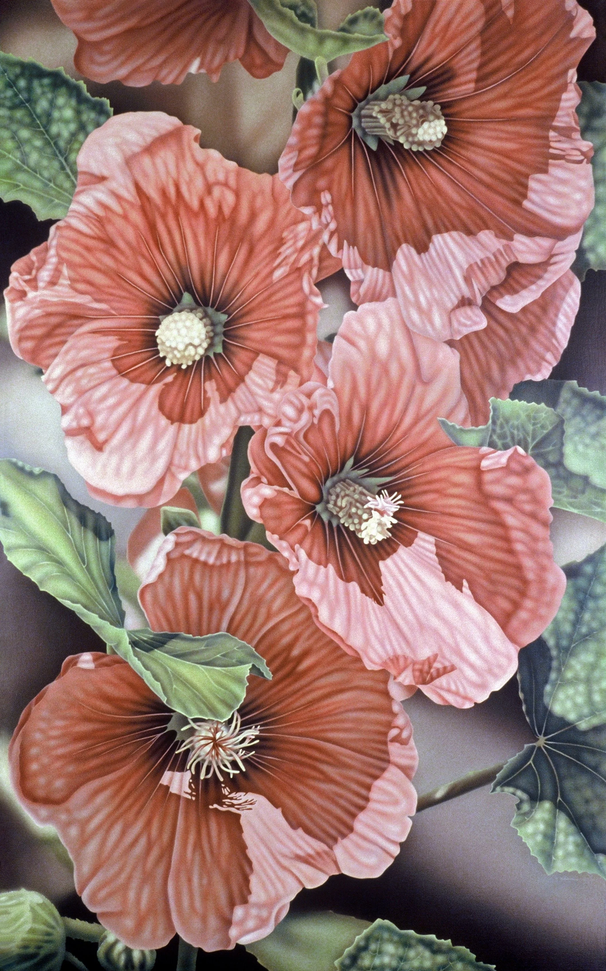 "Hollyhocks", airbrush acrylic on linen canvas, 54x34-inches, 1989 (Collector)