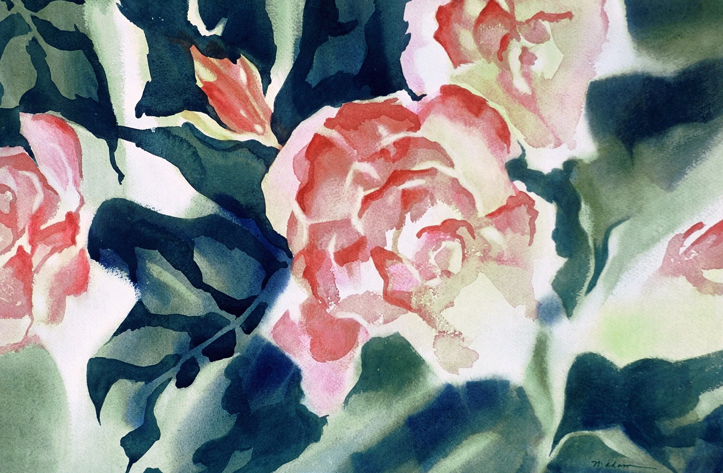 "Roses in Sunshine", watercolor on d'Arches paper, 14x21-inches, 1977