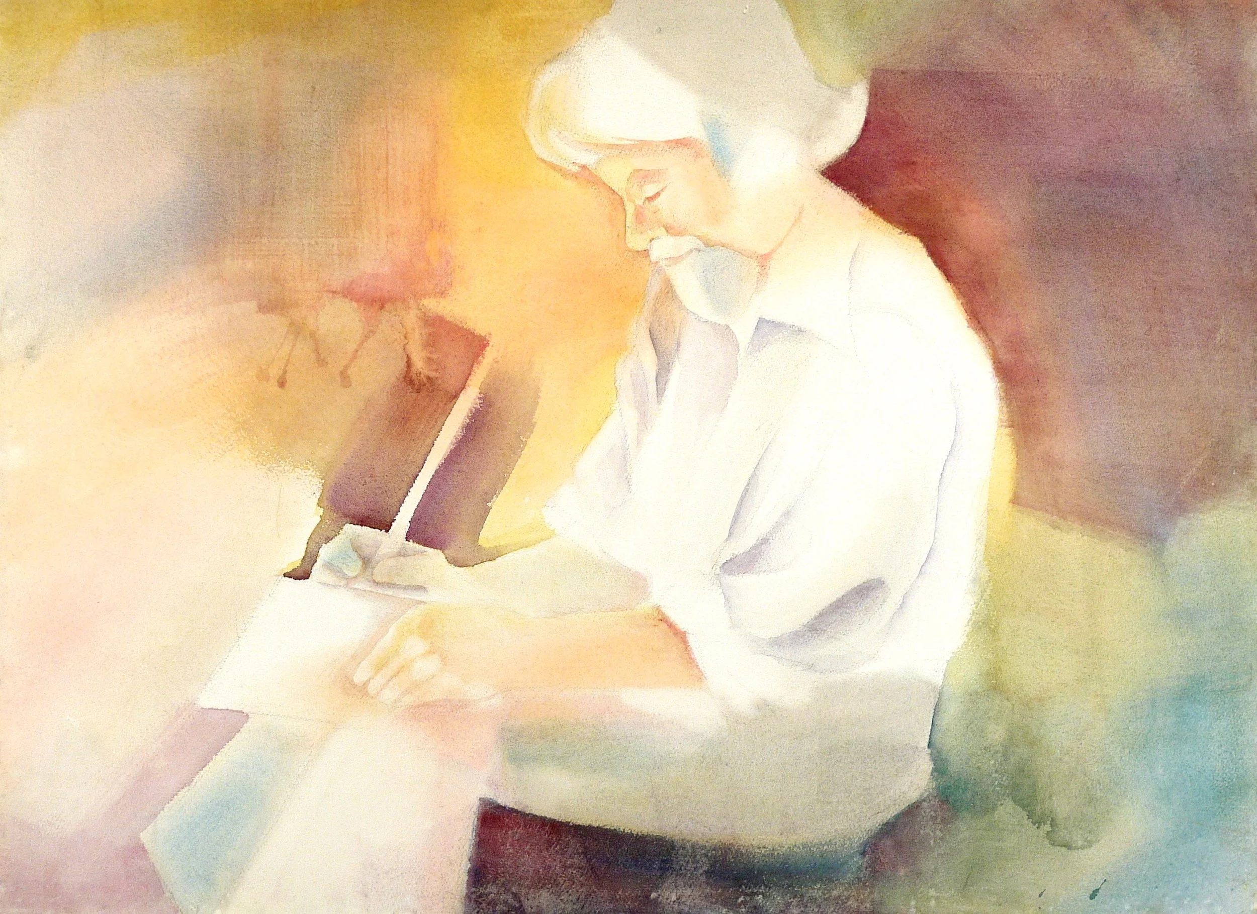 "Buddy, Sketching at Schoodic Point", watercolor on d'Arches paper, 21x29-inches, late 1970's (Collector)