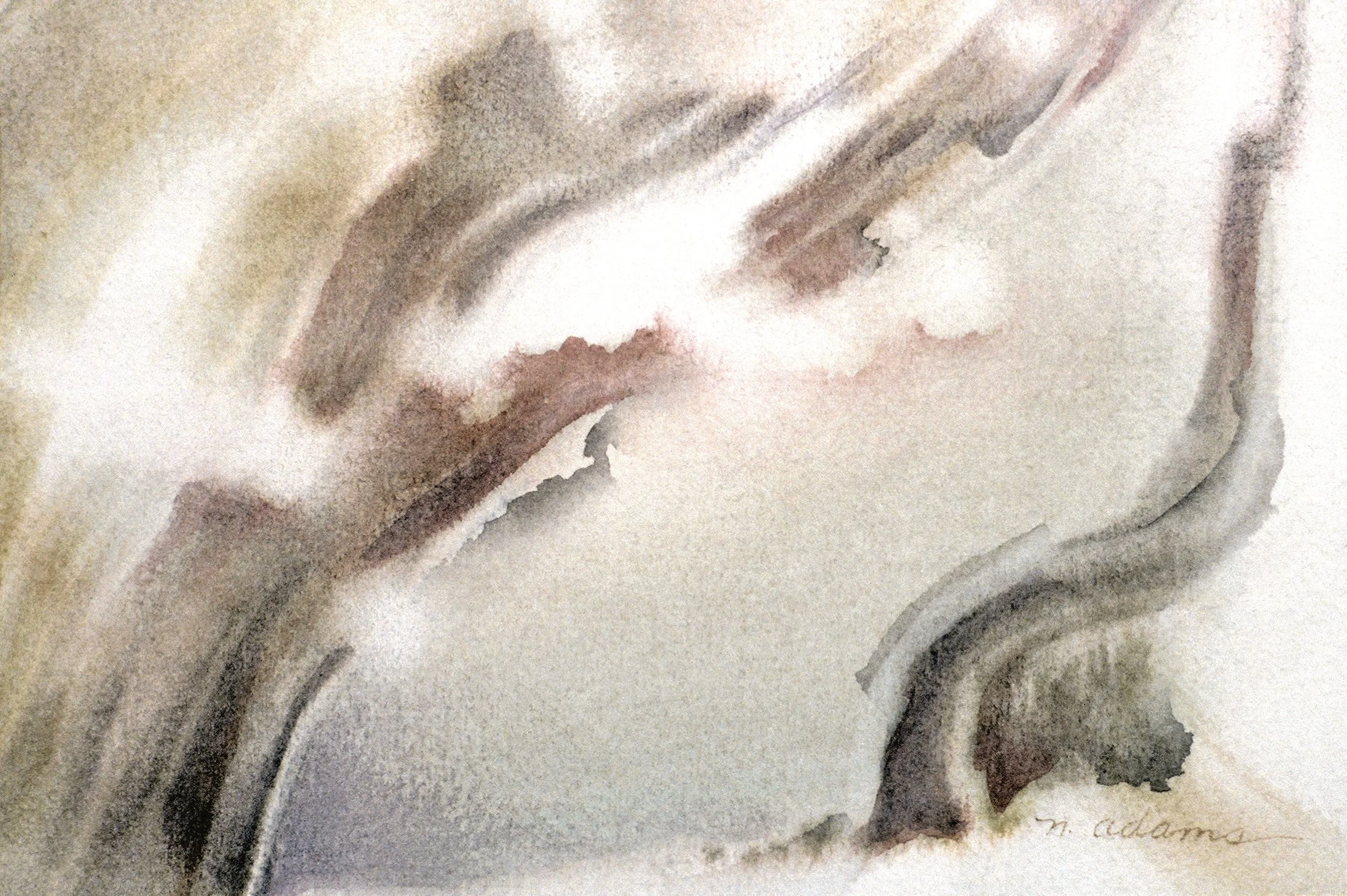 "Snowy Boulder", watercolor on d'Arches paper, 4.5x6.75-inches, 1982 (Collection)