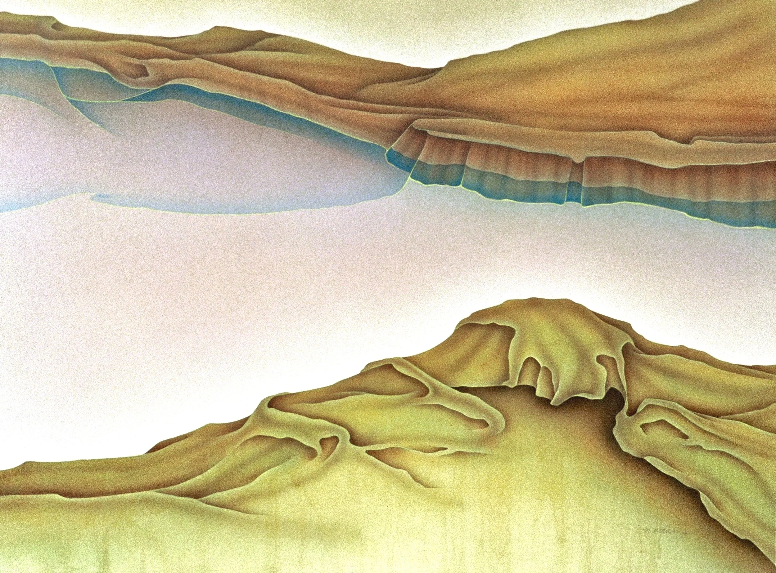 "Golden Hills", diptych, right half, airbrush acrylic on d'Arches paper, 21x29-inches - (total image  21x58-inches), 1986 (Studio)