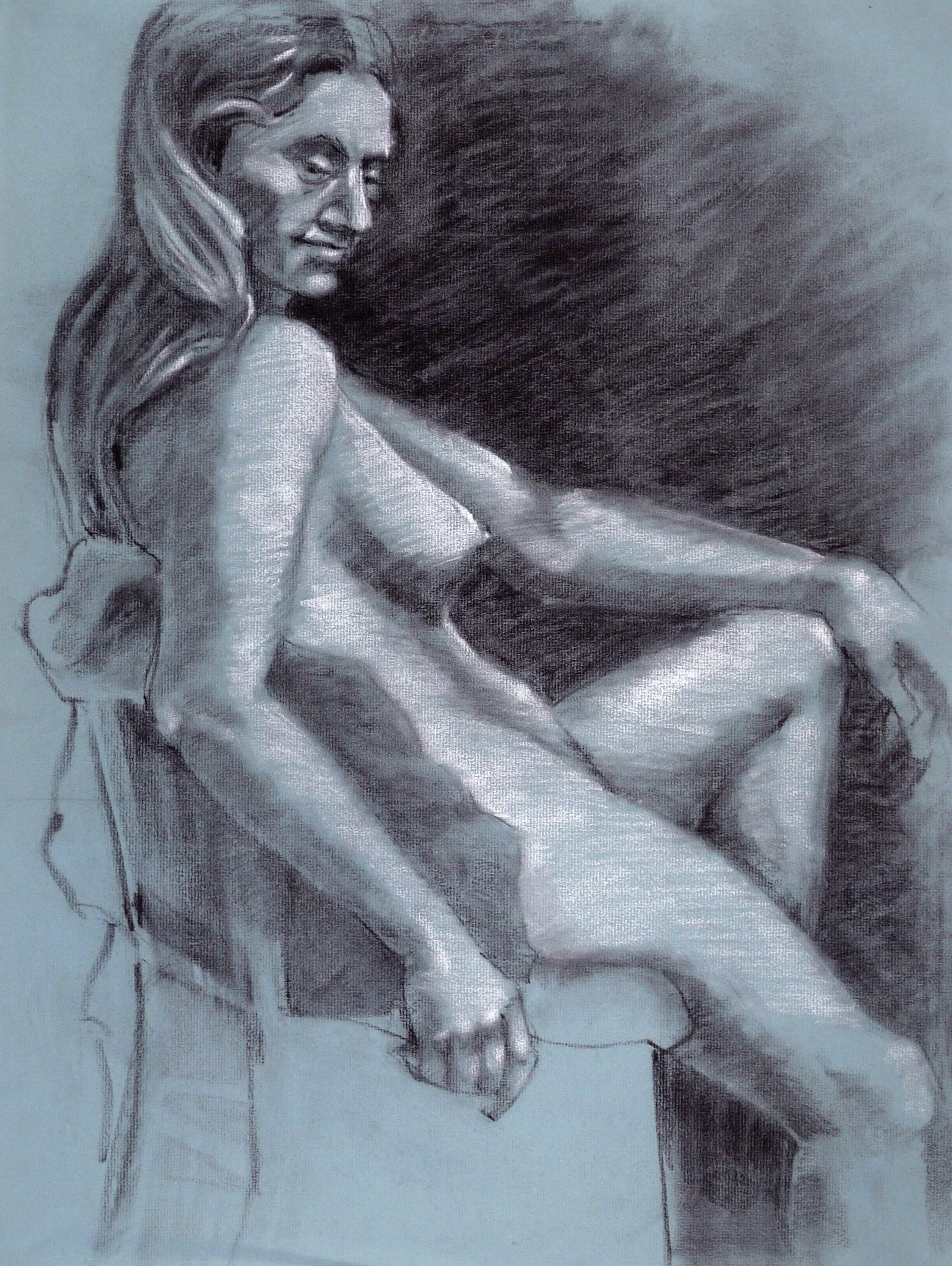 "Seated Model", charcoal & chalk on Canson paper, 25x19-inches, pre-1980 (Studio)