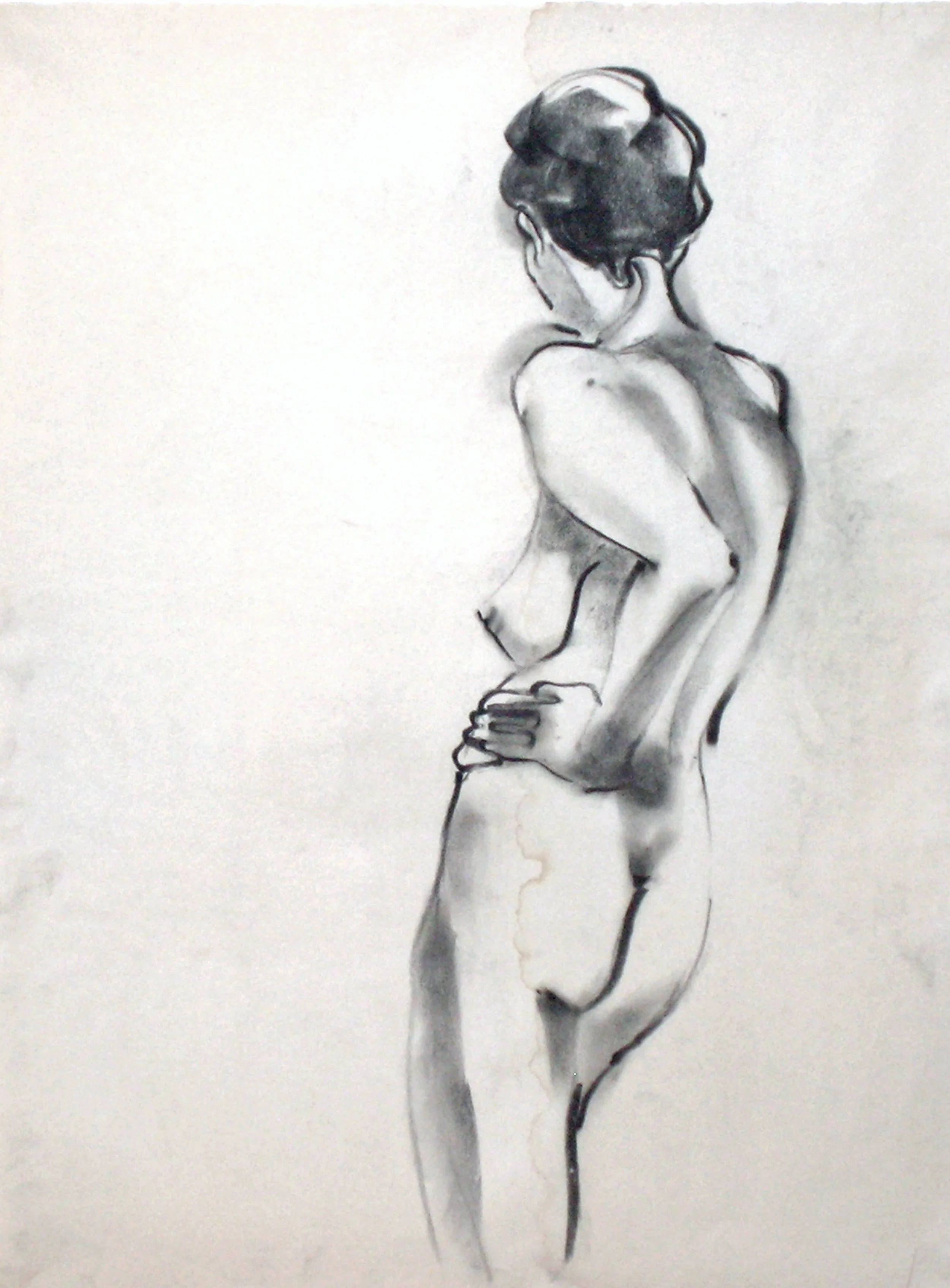 Female Nude, 3/4-length Back", charcoal on newsprint, 24x18-inches, 1978 (Studio)