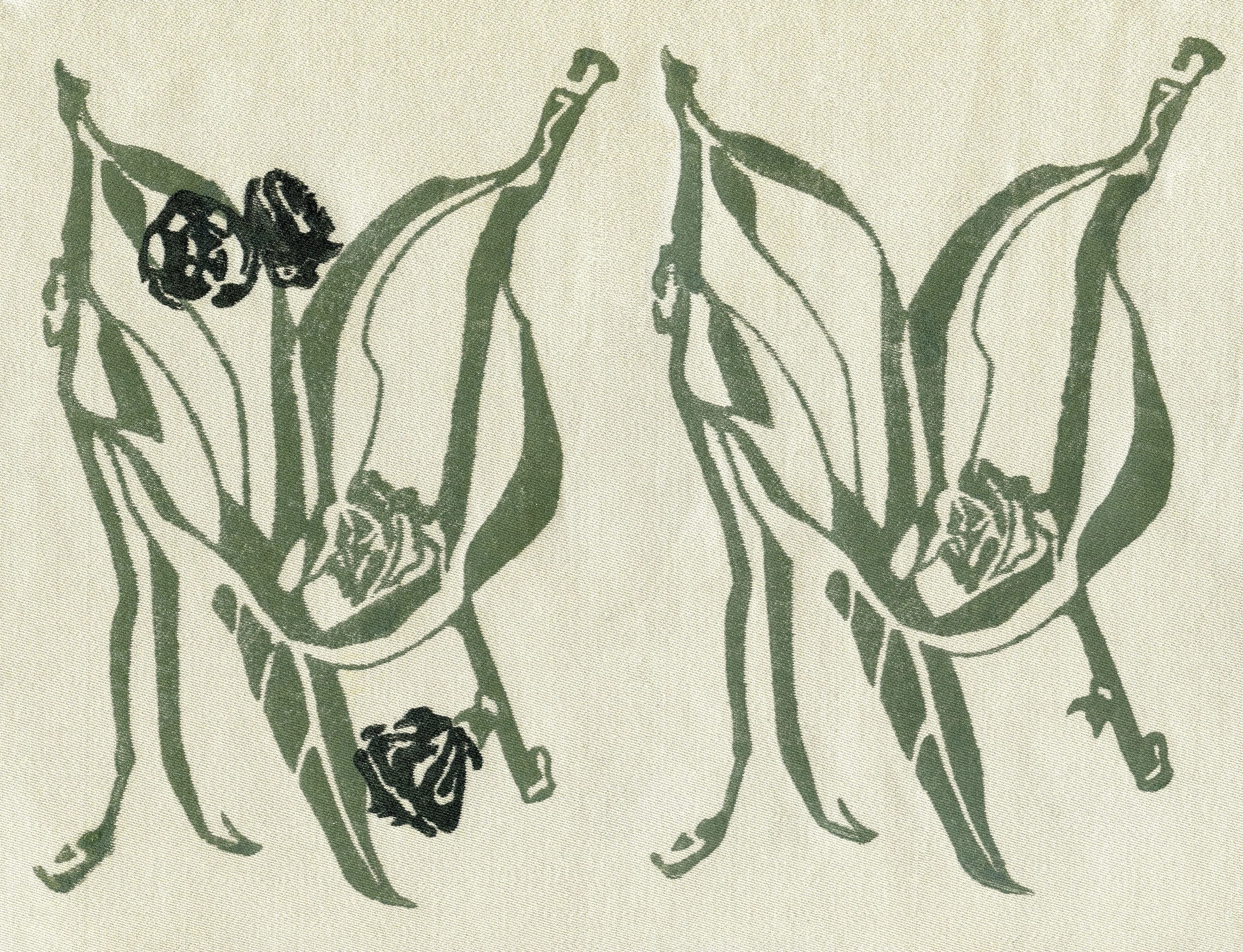 "Fabric Design, Senior Art Project", linoleum block print, printers' ink on cotton fabric, (repeat design with variation), 1960-61 (Studio)