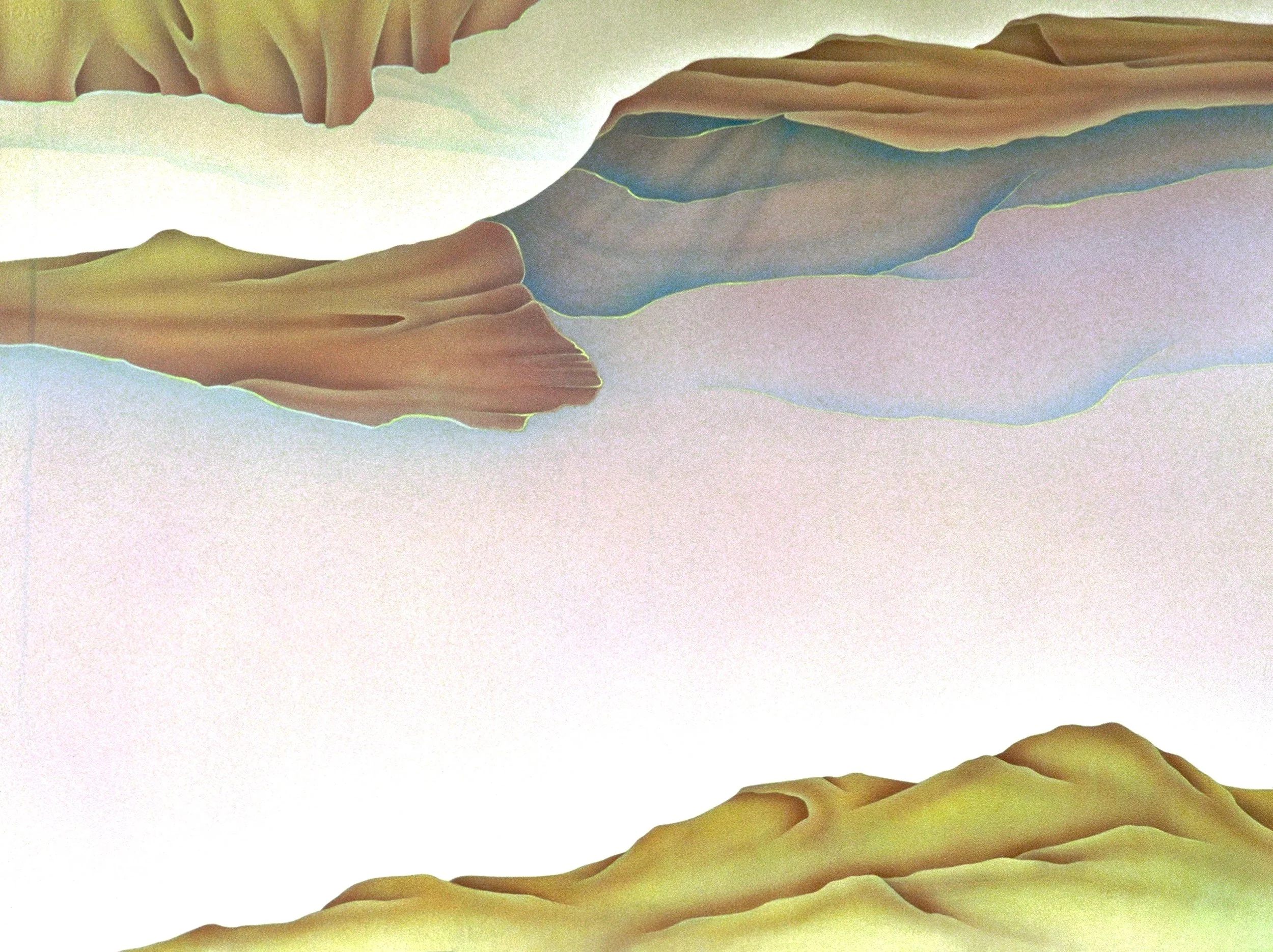 "Golden Hills", diptych, left half, airbrush acrylic on d'Arches paper, 21x29-inches - (total image 21x58-inches), 1986 (Studio)