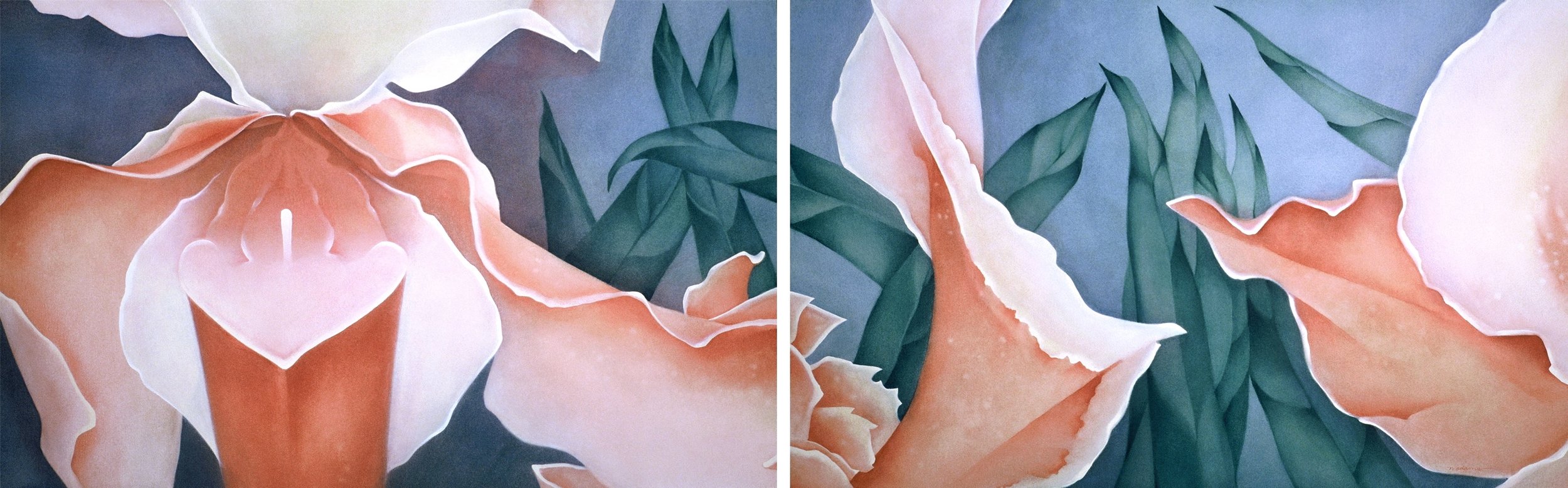 "Orchids", diptych, both halves, watercolor on d'Arches paper, total image 25x78-inches, 1983 (Collector)