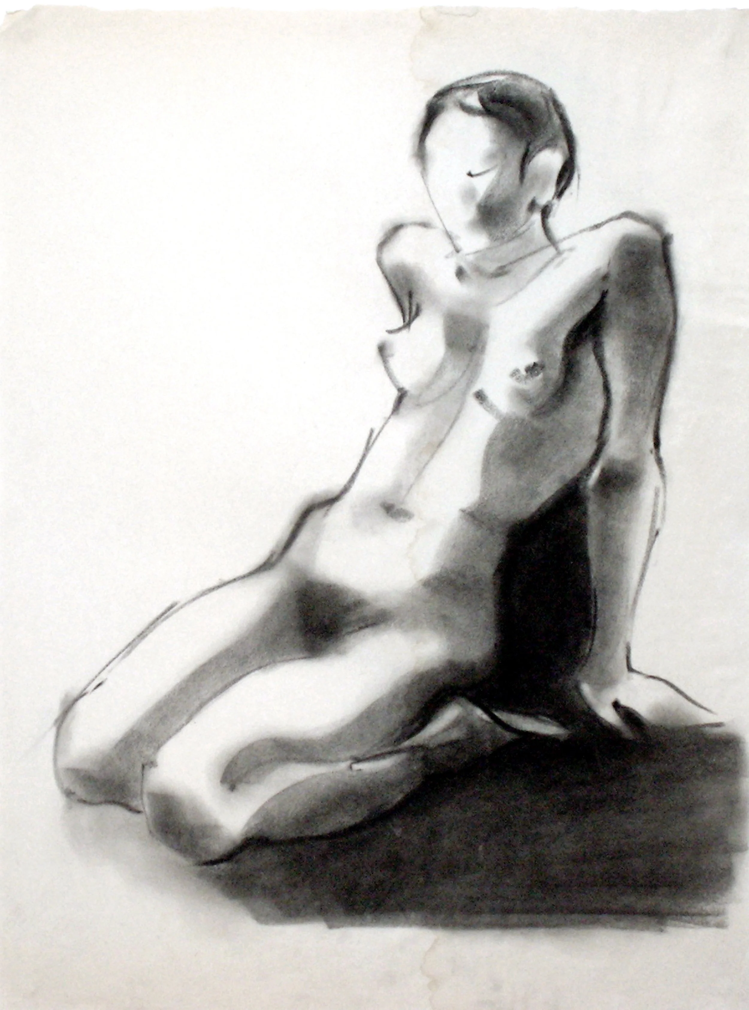 "Female Nude, Kneeling, Frontal", charcoal on newsprint, 24x18-inches, 1978 (Studio)