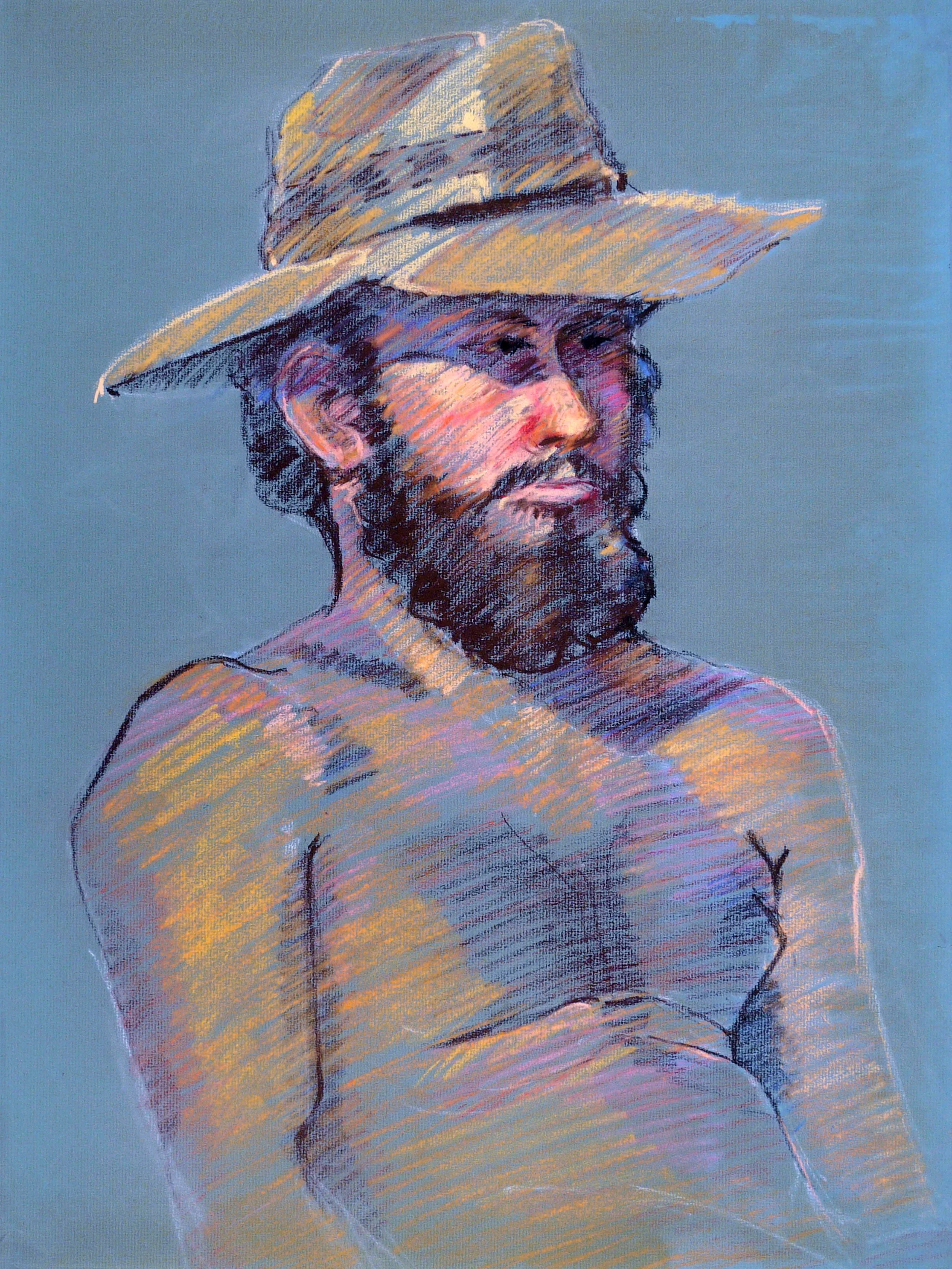 "Fred, Farming Hat", pastel on Canson paper, 25x19-inches, pre-1977 (Studio)