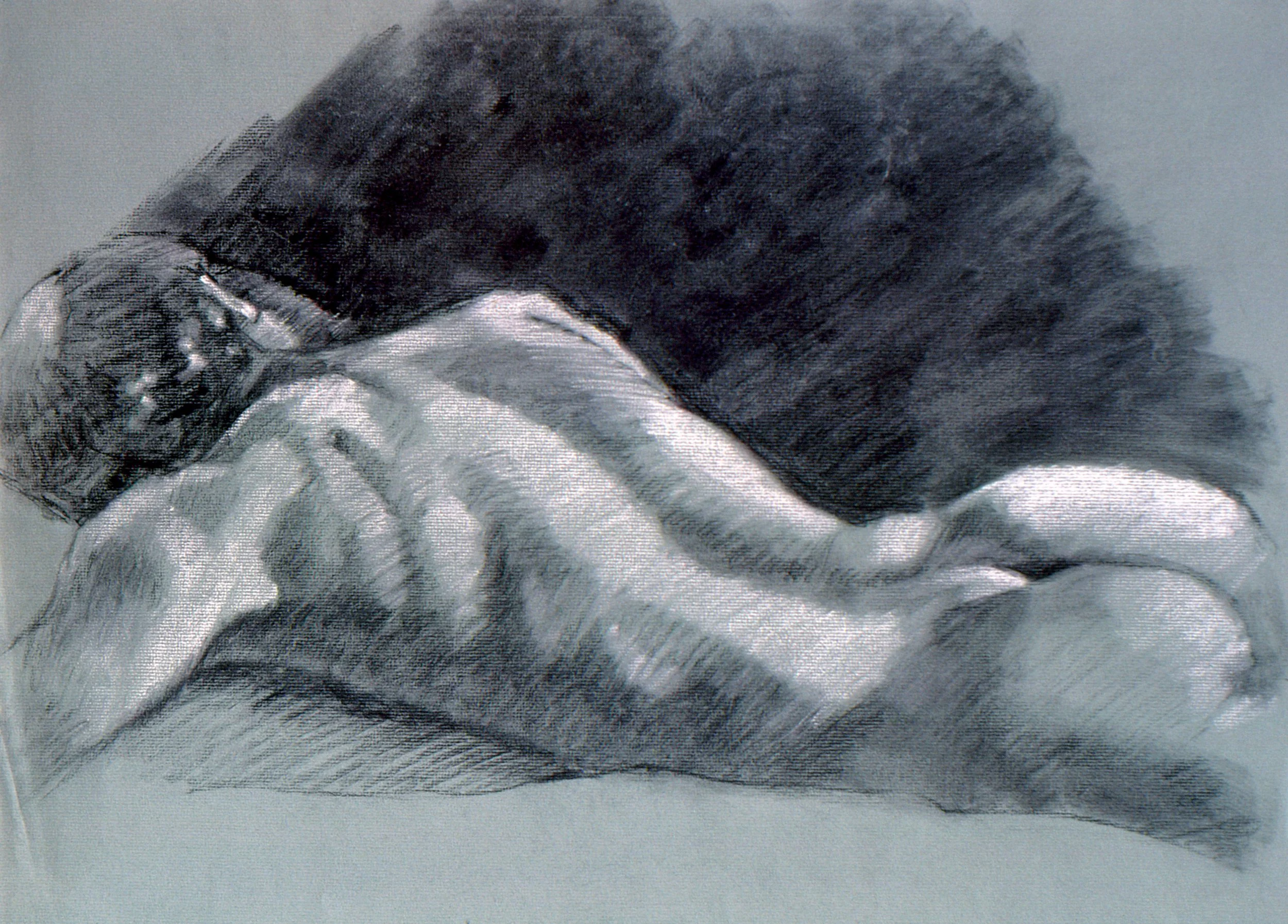 "Model, Back View", charcoal & chalk on Canson paper, 19x25-inches, pre-1980 (Studio)
