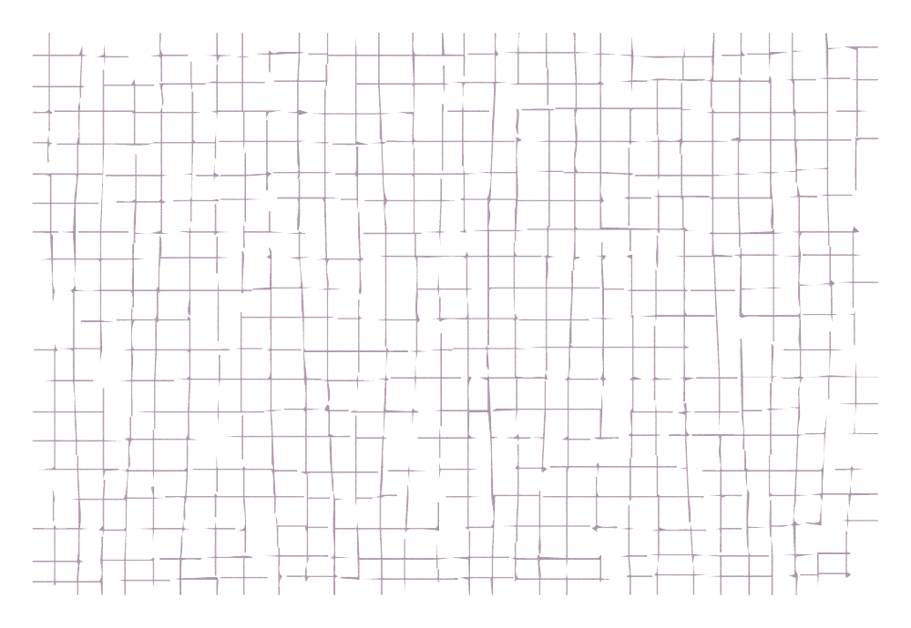 A digital grid pattern with interconnected purple lines on a black background.