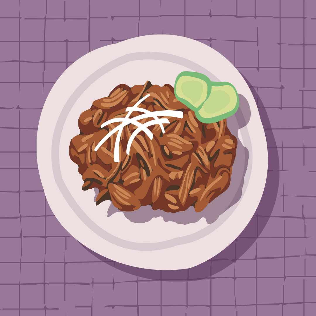 A plate of shredded beef or pulled pork topped with sliced green cucumber and white shredded cheese on a purple tiled surface.