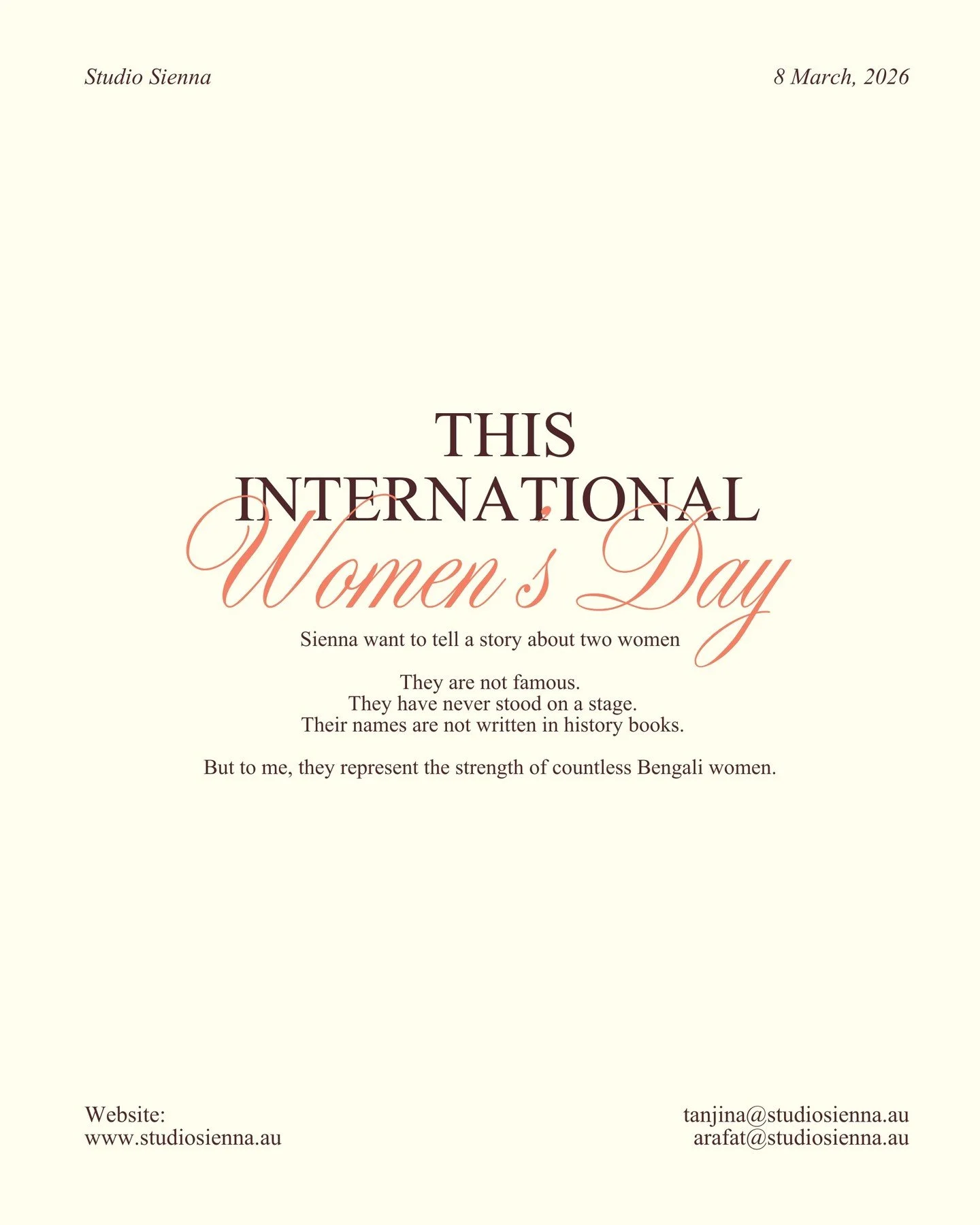 This International Women&rsquo;s Day Sienna want to tell a story about two women

They are not famous.
They have never stood on a stage.
Their names are not written in history books.

But to me, they represent the strength of countless Bengali women.