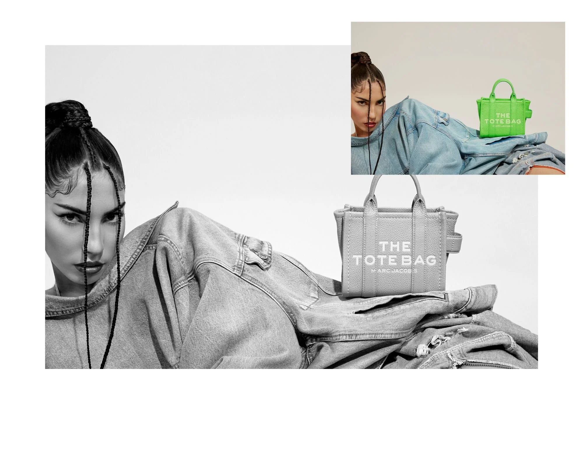 Fashion advertisement featuring a woman with braided hair lying on denim fabric, with two handbags labeled 'The Tote Bag' by Marc Jacobs, one in gray and one in bright green, positioned on the denim.