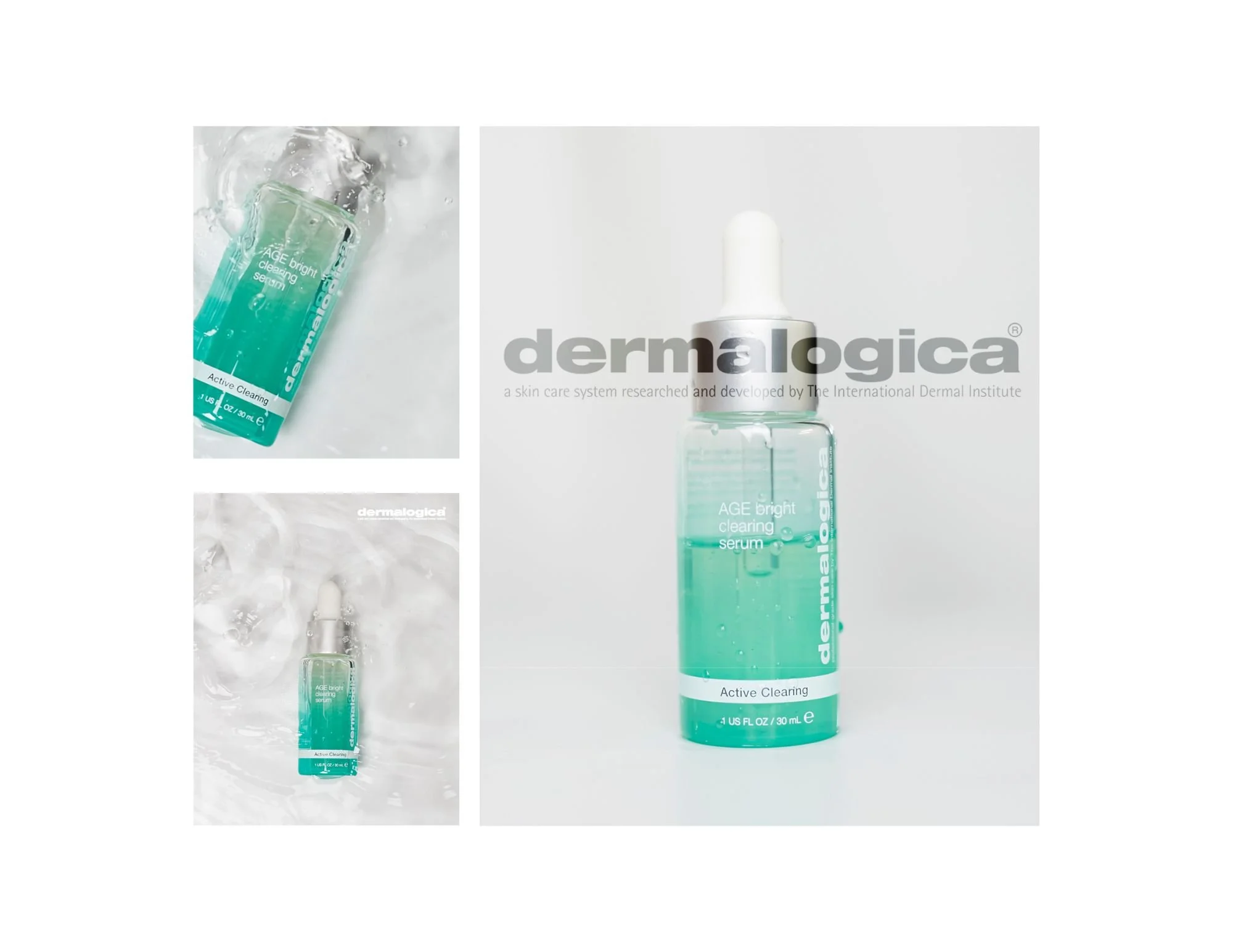 Three images of Dermalogica AGE Bright clearing serum bottle, positioned to show the product from different angles. The larger central image shows the transparent turquoise serum bottle with a white dropper cap against a light gray background. The sm