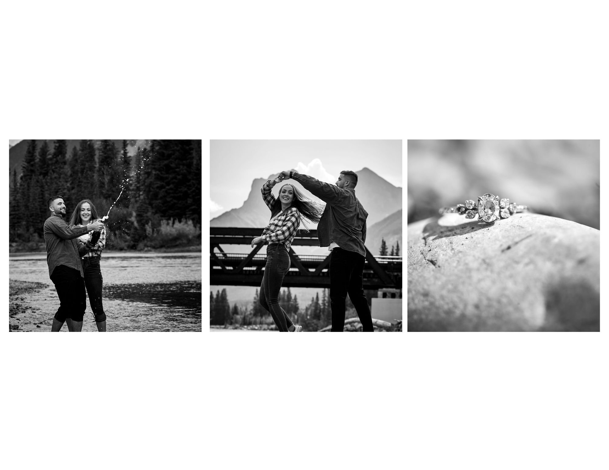 Black and white collage of three photos: the first shows a couple playing with a soda bottle near a river with trees in the background, the second shows a couple dancing on a bridge with mountains in the background, and the third is a close-up of a d