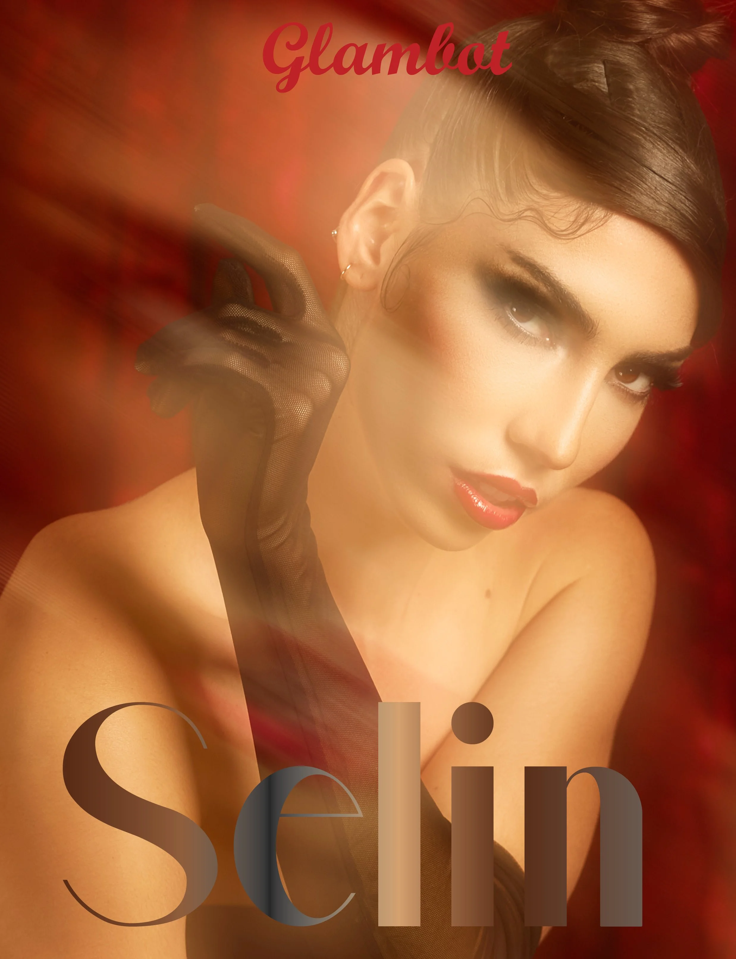 Close-up of a woman with makeup, wearing black lace gloves and looking at the camera. She has dark hair styled back and a smoky eye makeup look. The word 'Glamchat' is written in red at the top, and the word 'Scent' is at the bottom.