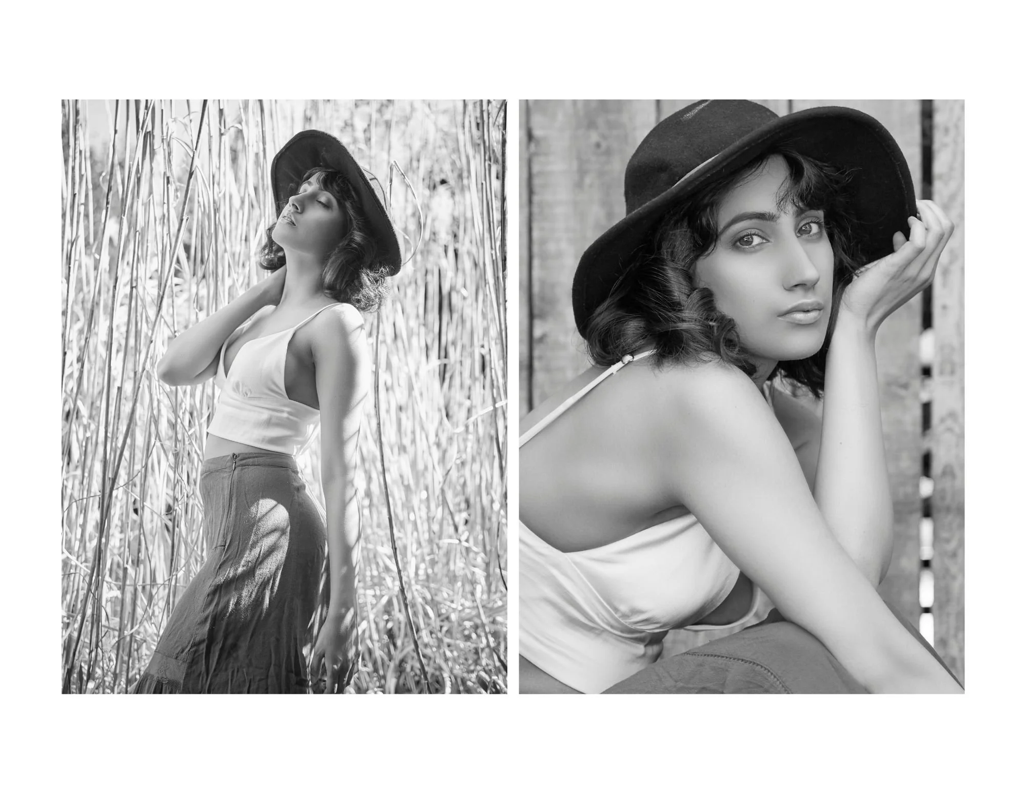 Two black-and-white photos of a woman with dark, curly hair and a wide-brimmed hat. In the left photo, she stands in a field of tall grass and looks upward with her hand on her neck. In the right photo, she sits against a wooden fence, gazing at the 