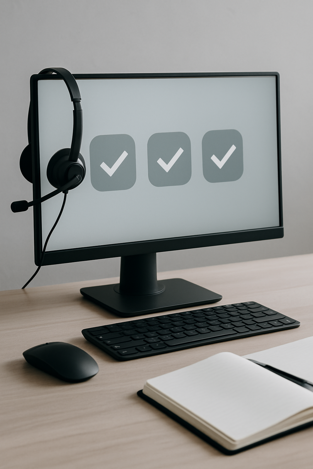Computer monitor with three checkmarks, headset hanging on the side, keyboard, mouse, notebook, and pen on a wooden desk.