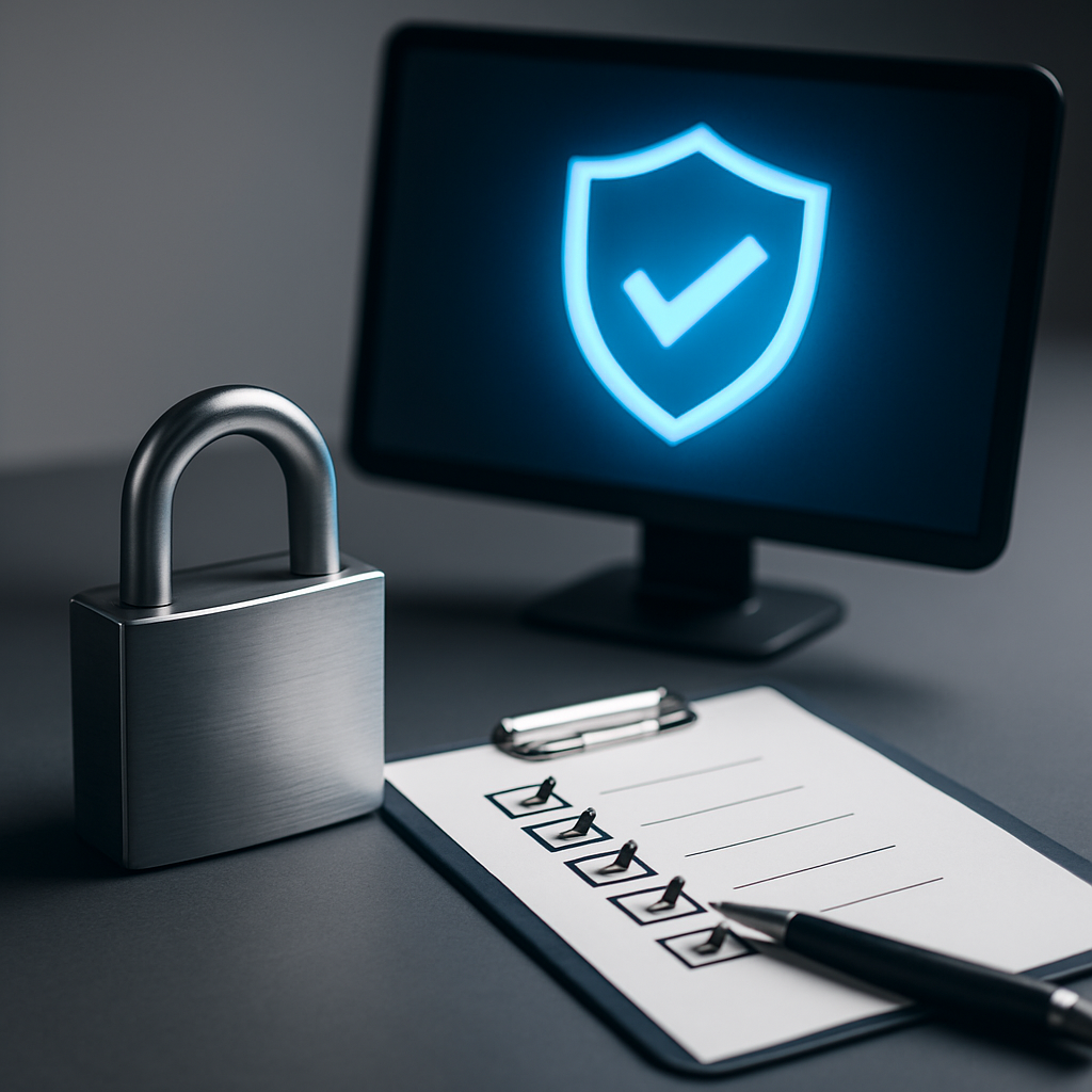 Computer monitor with security indicators representing ongoing IT support and monitoring.