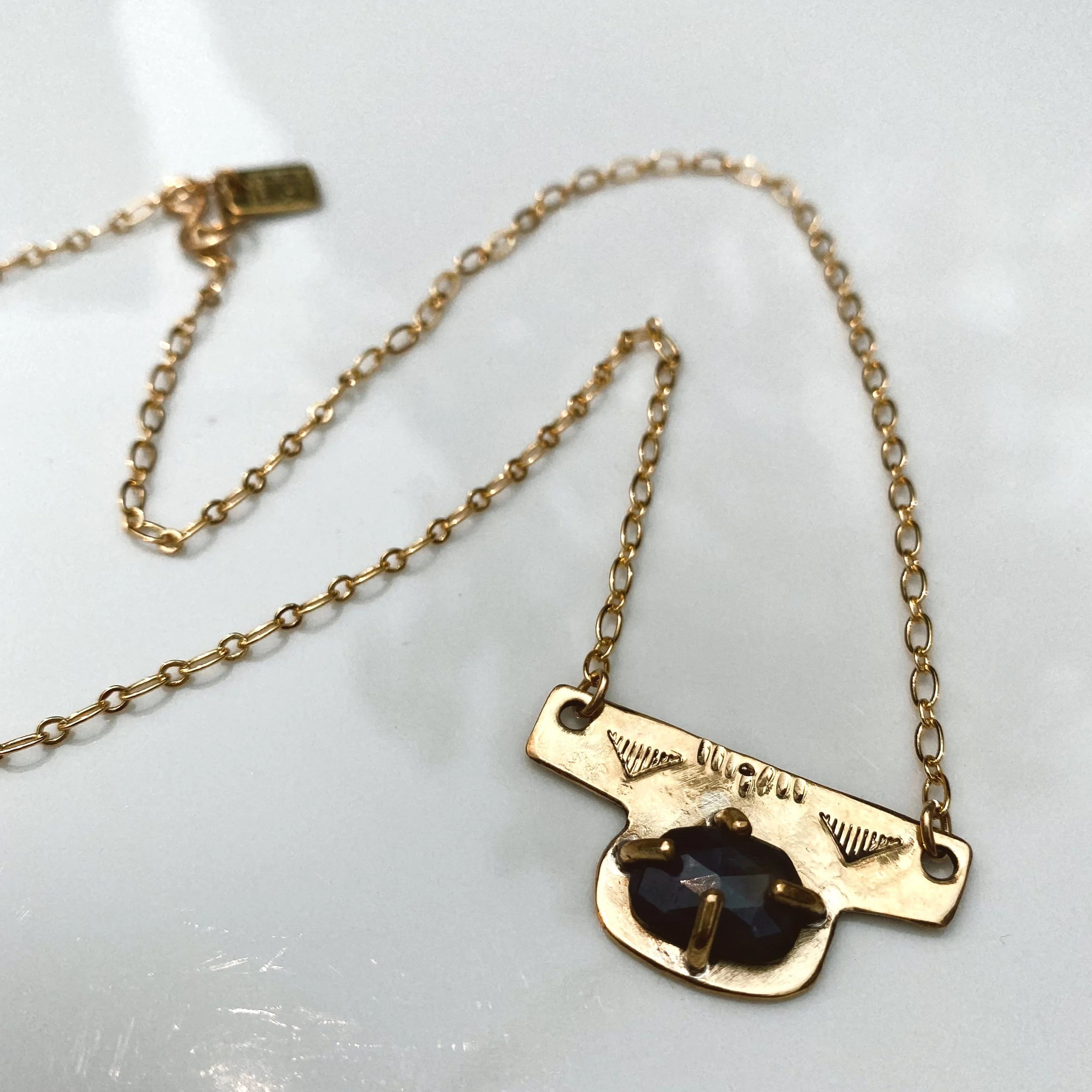 Rose cut Sapphire & stamped brass pendant on gold fill chain