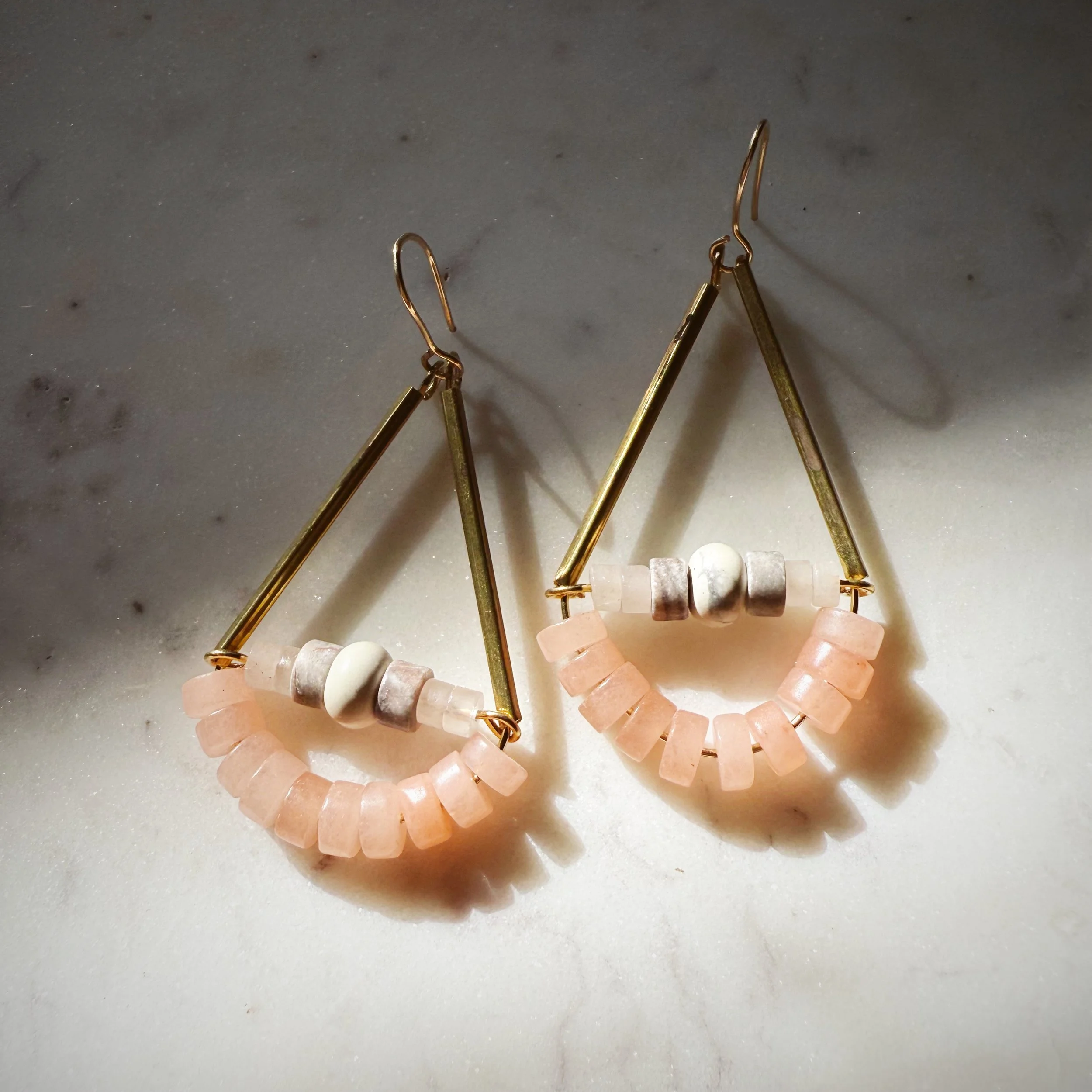 Rhodochrosite, Howlite, & brass dangle earrings with gold fill hooks