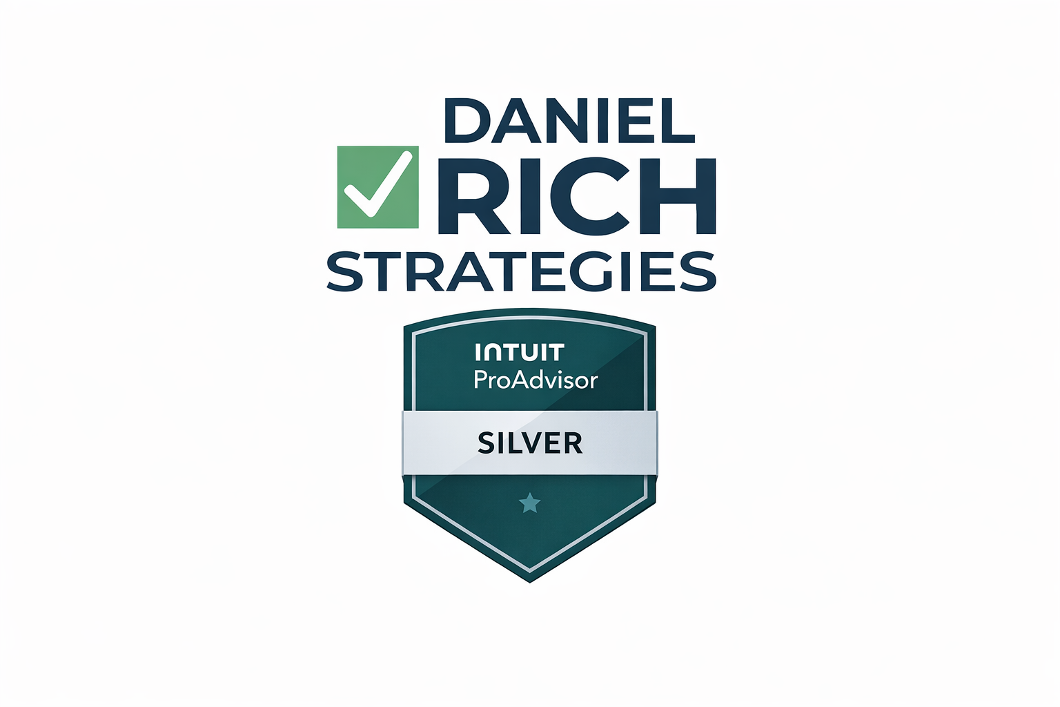 Daniel Rich Strategies professional logo with green checkmark branding and Intuit ProAdvisor Silver certification badge, highlighting trusted bookkeeping, financial reporting, and small business accounting support.