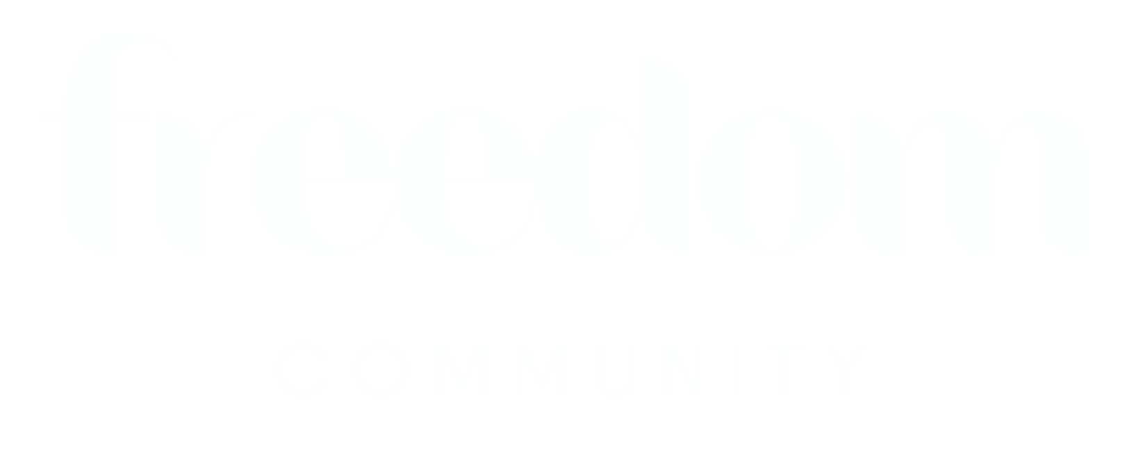 The word "freedom" in large white letters above the word "community" in smaller white letters on a black background.