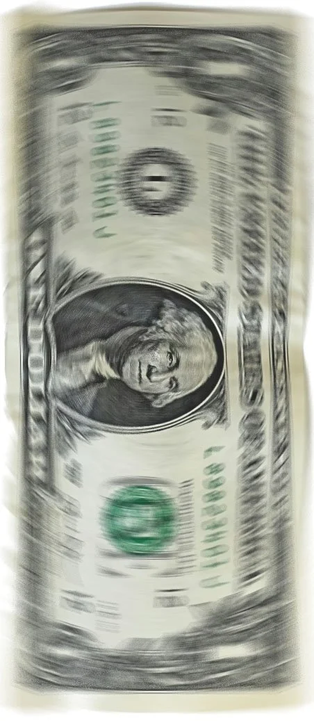 Blurry image of a U.S. hundred-dollar bill with Benjamin Franklin's portrait in the center.